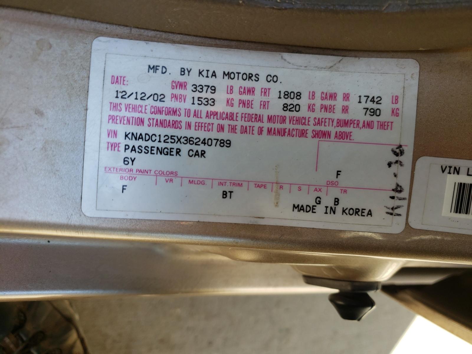 Photo 10 from auction – 2003 KIA RIO with VIN KNADC125X36240789