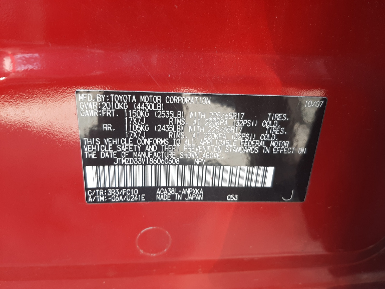 Photo 10 from auction – 2008 TOYOTA RAV4 with VIN JTMZD33V186060608