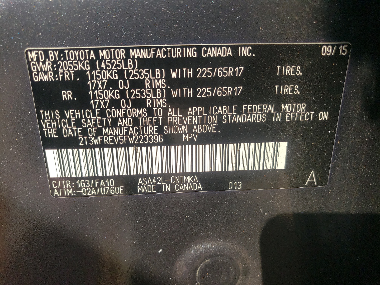 Photo 10 from auction – 2015 TOYOTA RAV4 XLE with VIN 2T3WFREV5FW223396