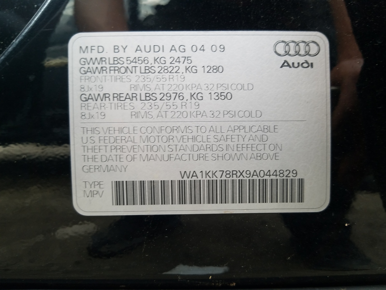 Photo 10 from auction – 2009 AUDI Q5 3.2 with VIN WA1KK78RX9A044829