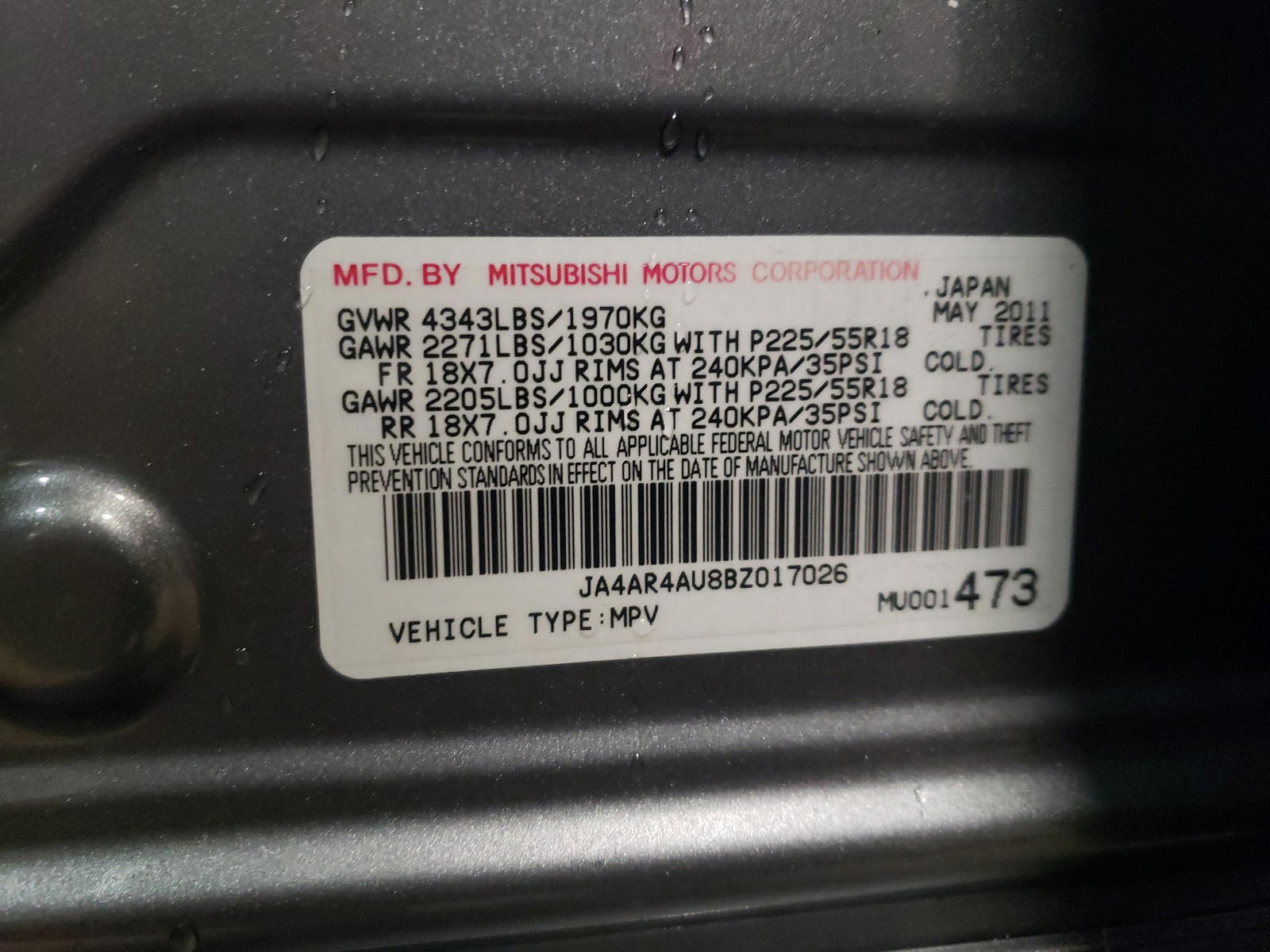 Photo 10 from auction – 2011 MITSUBISHI OUTLANDER with VIN JA4AR4AU8BZ017026
