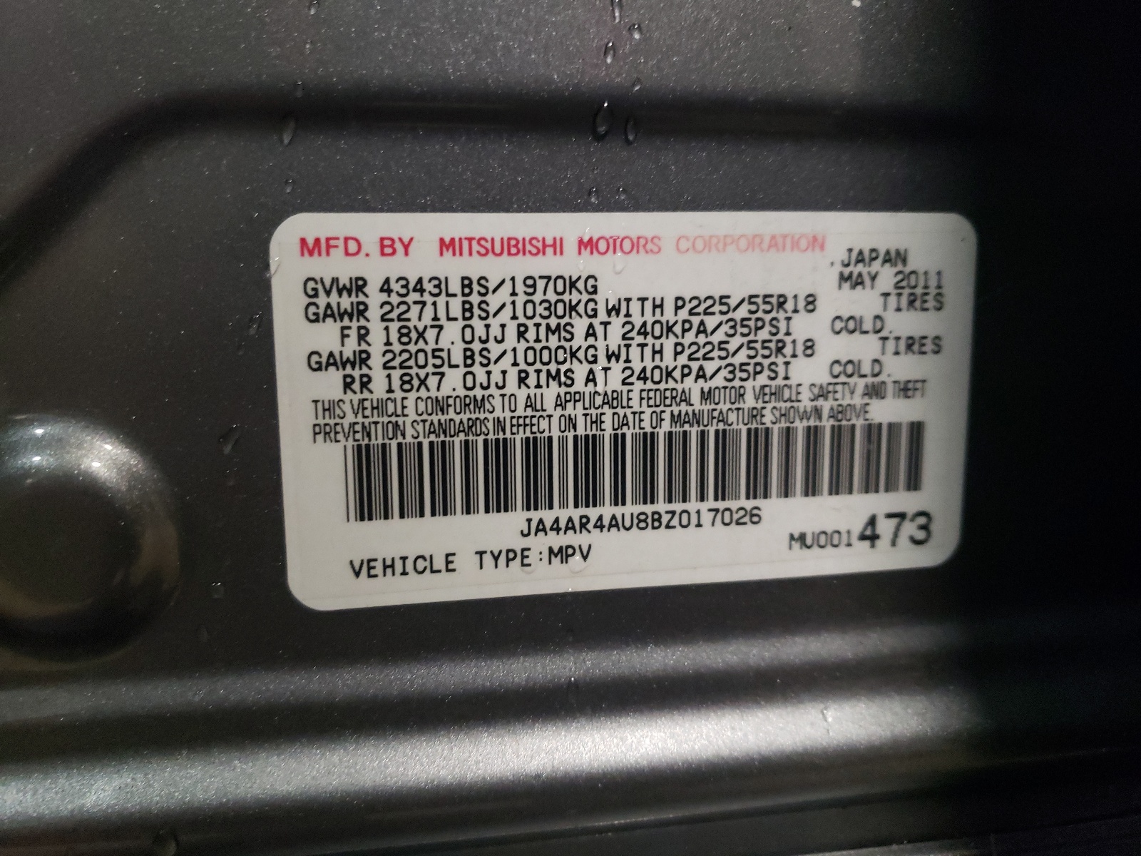 Zdjęcie 10 z aukcji – 2011 MITSUBISHI OUTLANDER z VIN JA4AR4AU8BZ017026
