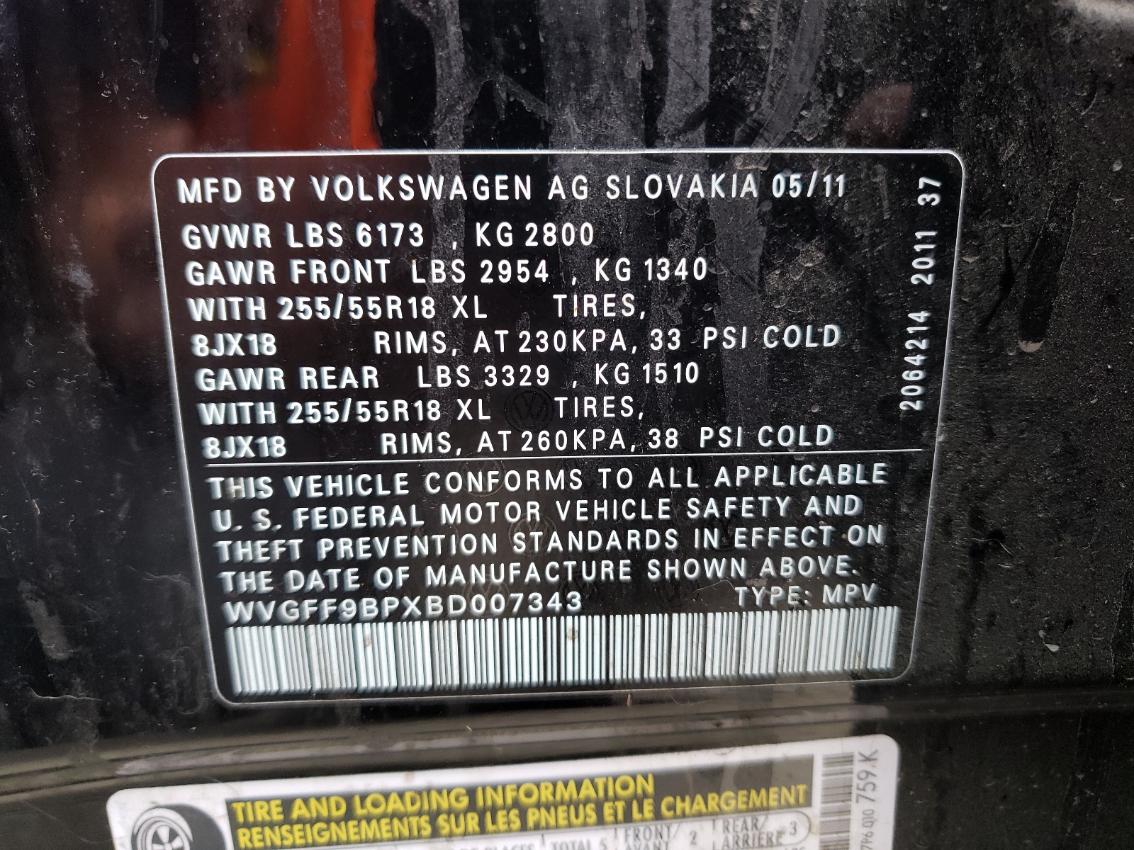 Photo 10 from auction – 2011 VOLKSWAGEN TOUAREG V6 with VIN WVGFF9BPXBD007343