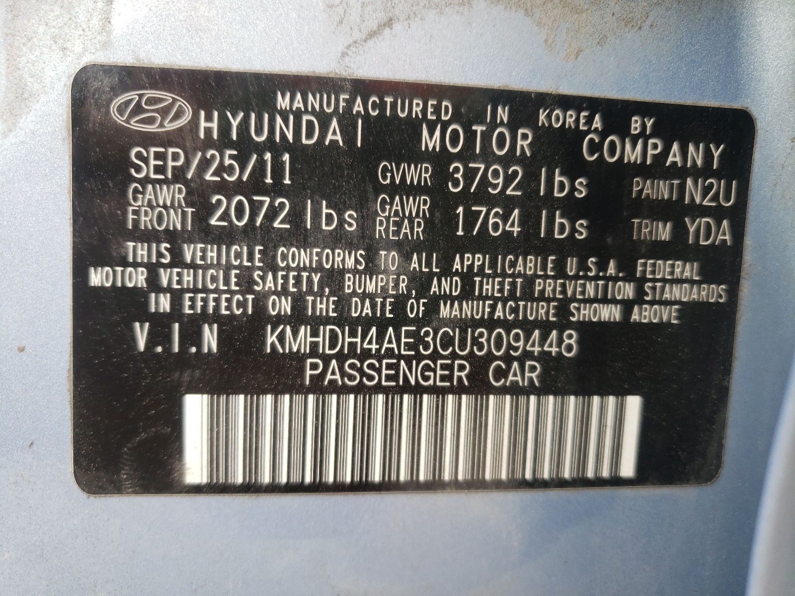 Photo 10 from auction – 2012 HYUNDAI ELANTRA GL with VIN KMHDH4AE3CU309448