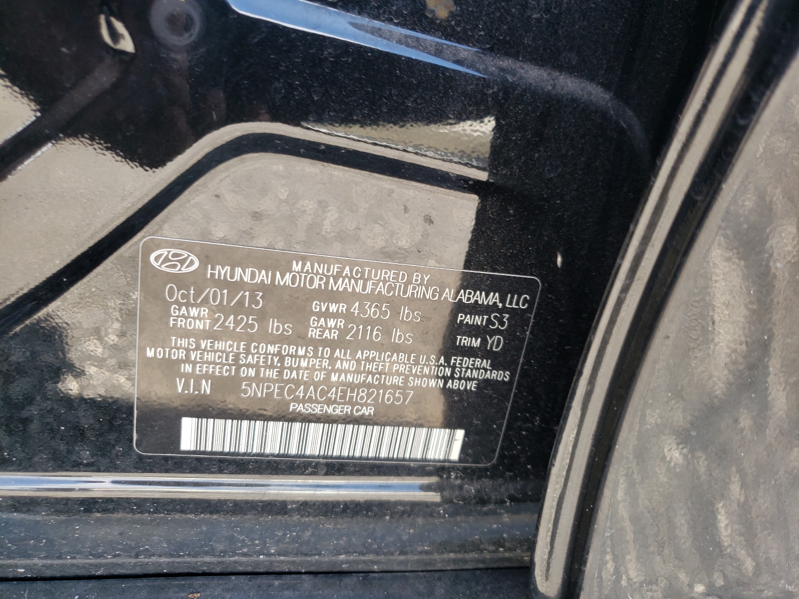 Photo 10 from auction – 2014 HYUNDAI SONATA SE with VIN 5NPEC4AC4EH821657