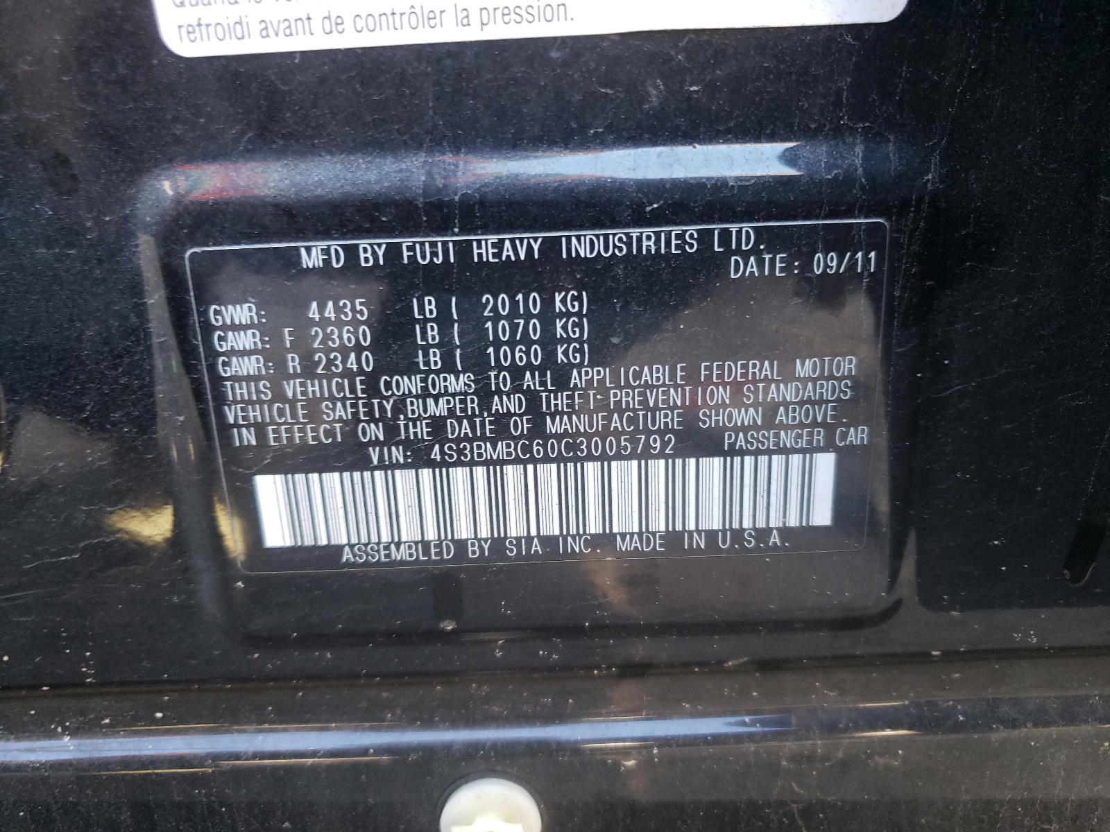 Photo 10 from auction – 2012 SUBARU LEGACY 2.5 with VIN 4S3BMBC60C3005792