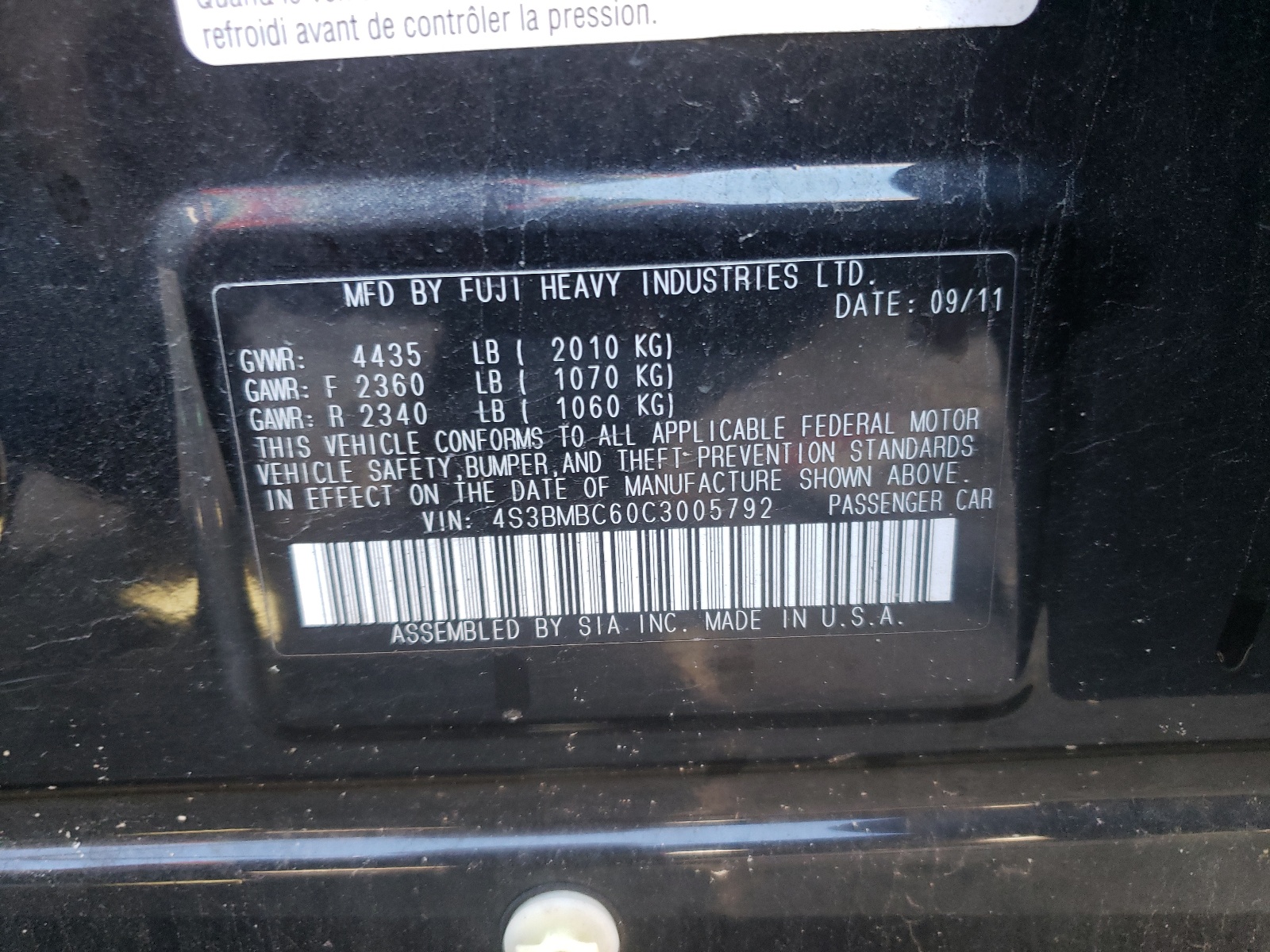 Zdjęcie 10 z aukcji – 2012 SUBARU LEGACY 2.5 z VIN 4S3BMBC60C3005792