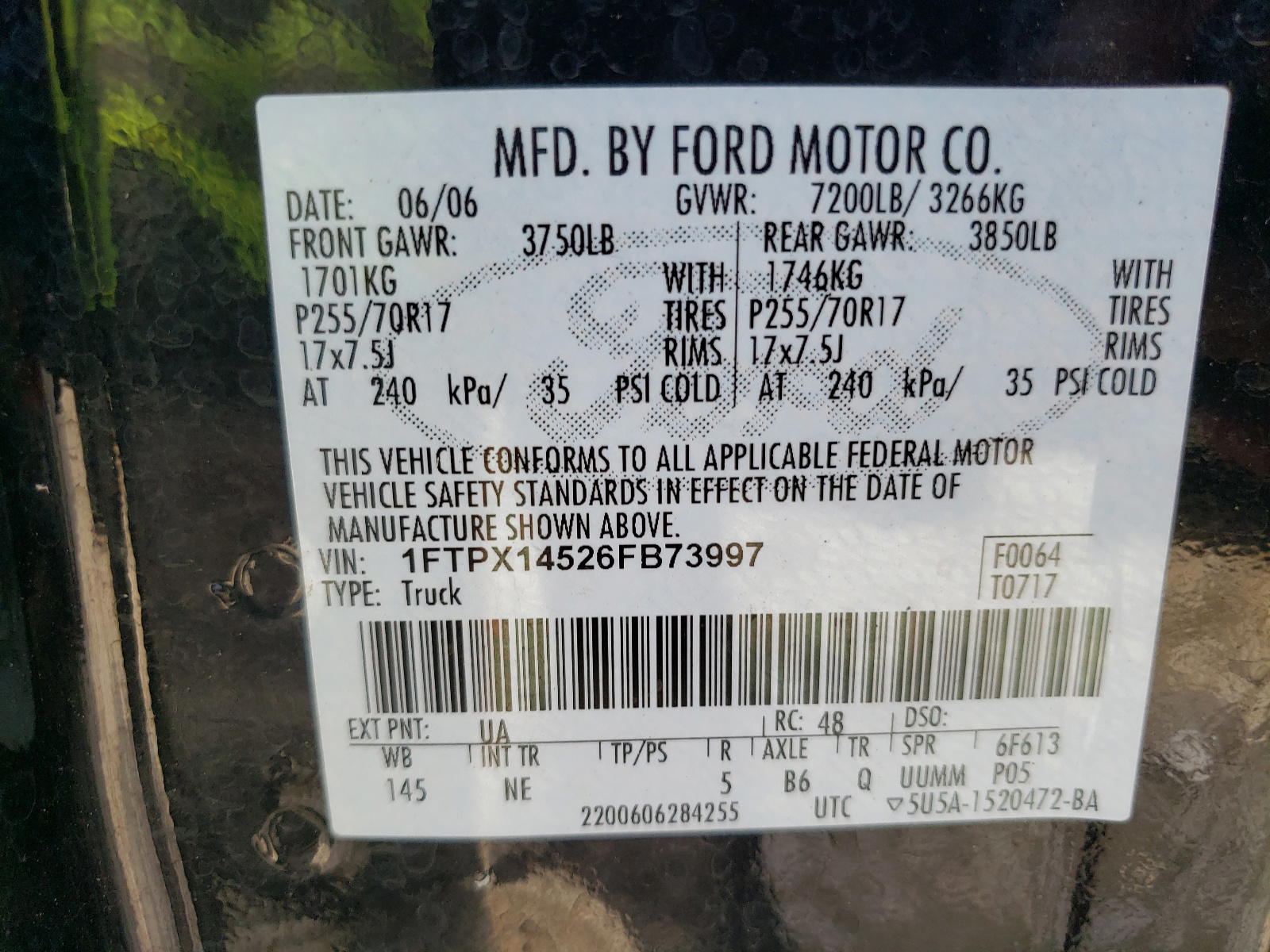 Photo 10 from auction – 2006 FORD F150 with VIN 1FTPX14526FB73997