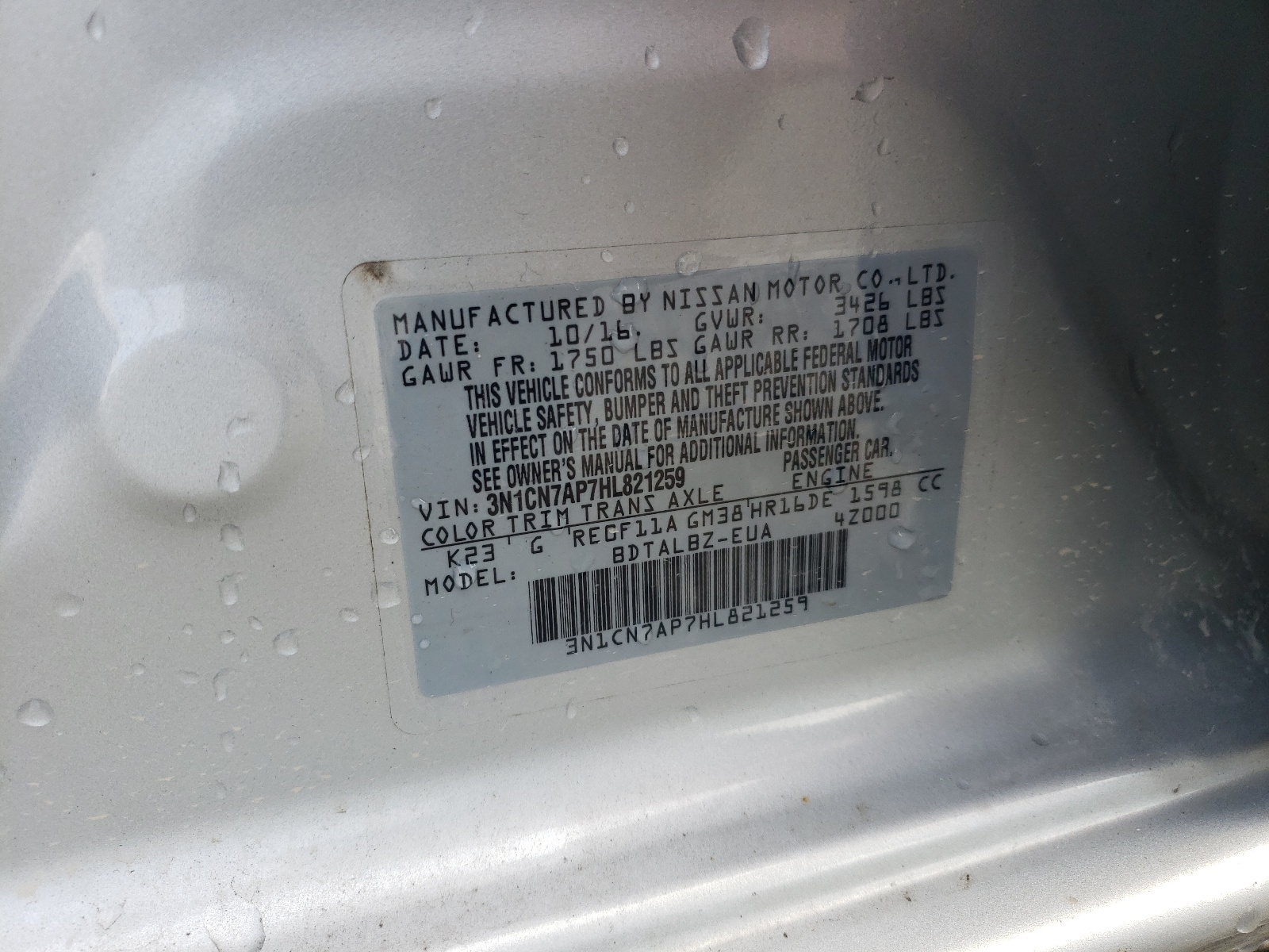 Photo 10 from auction – 2017 NISSAN VERSA S with VIN 3N1CN7AP7HL821259