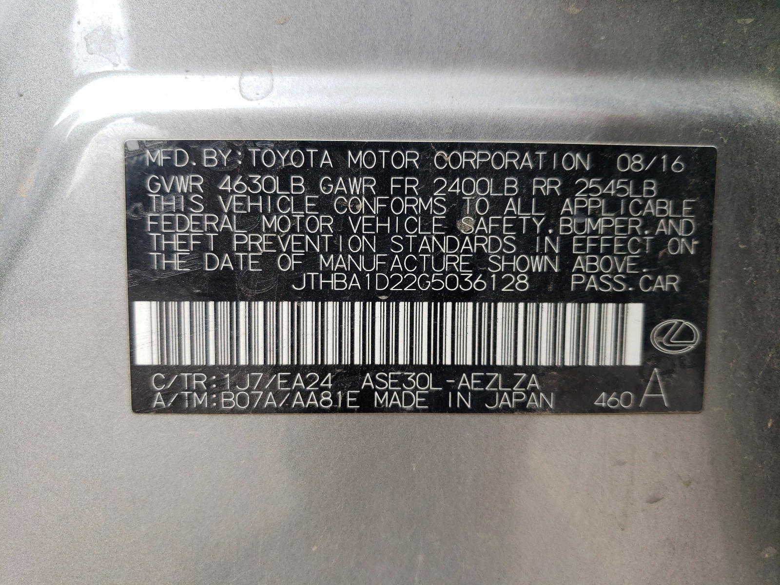 Photo 10 from auction – 2016 LEXUS IS 200T with VIN JTHBA1D22G5036128