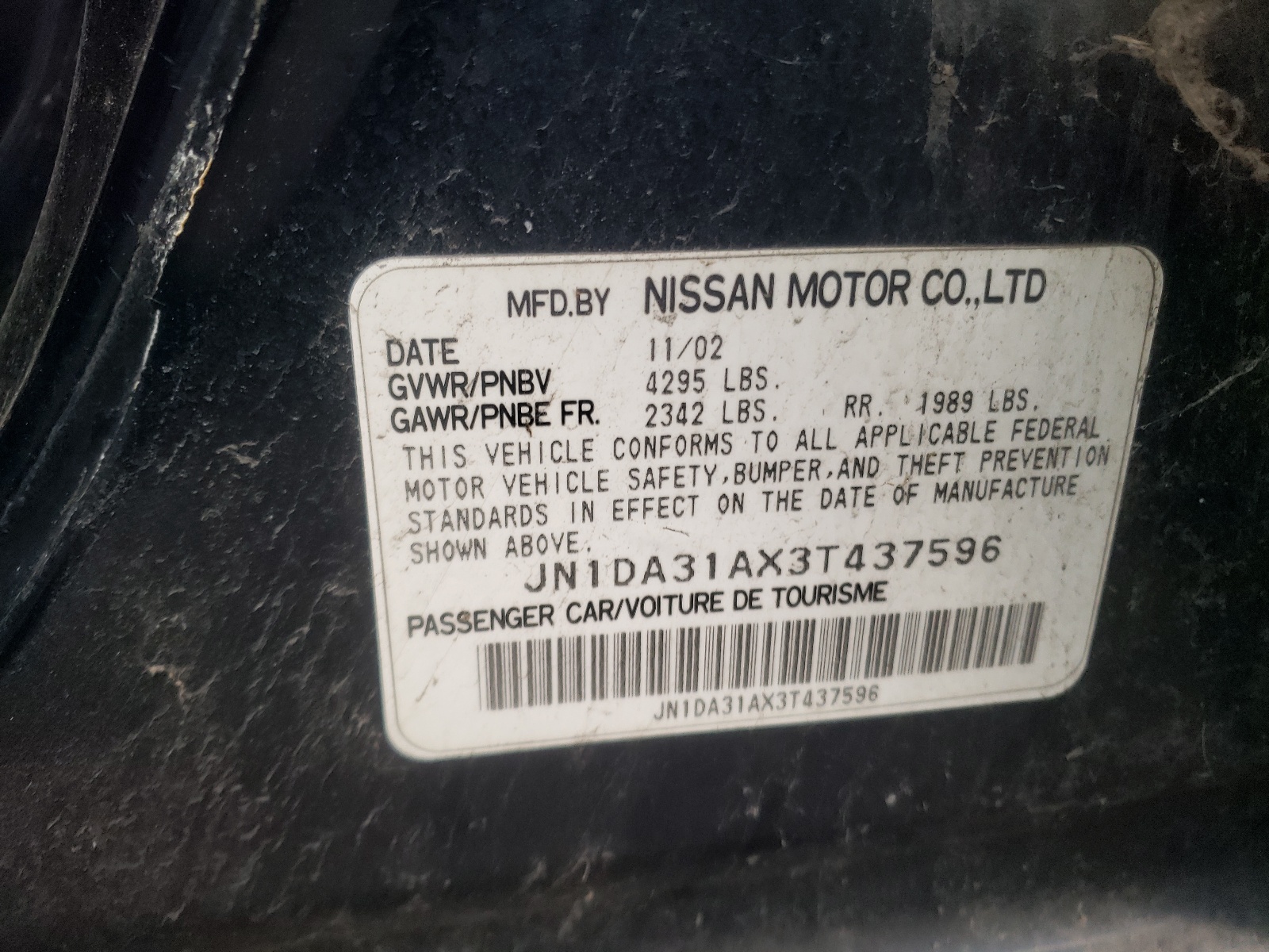 Photo 10 from auction – 2003 NISSAN MAXIMA GLE with VIN JN1DA31AX3T437596