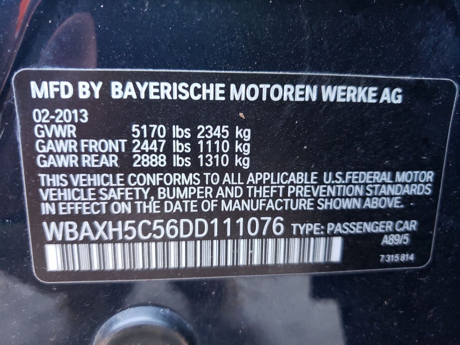 Photo 10 from auction – 2013 BMW 528 XI with VIN WBAXH5C56DD111076