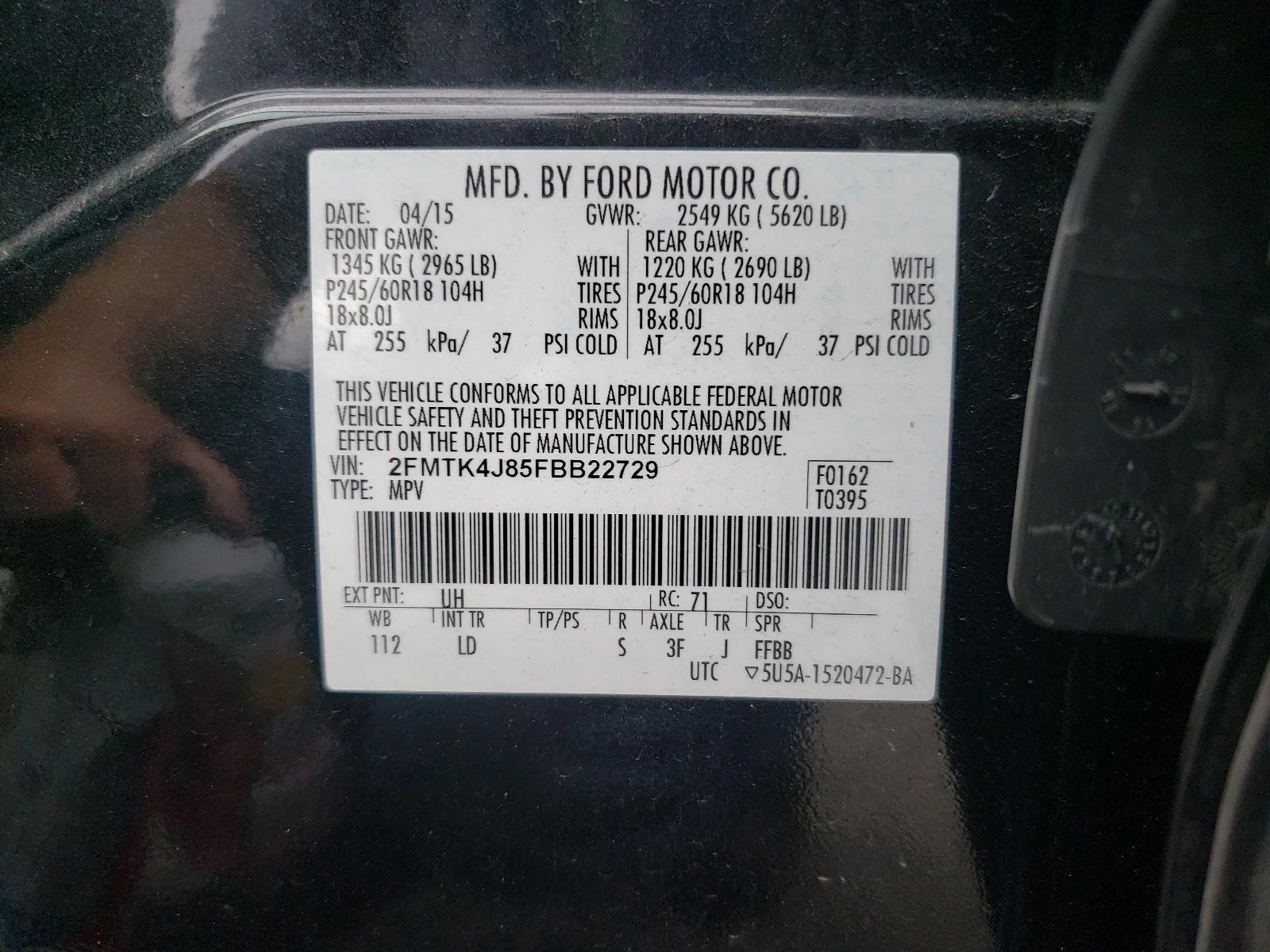Photo 10 from auction – 2015 FORD EDGE SEL with VIN 2FMTK4J85FBB22729