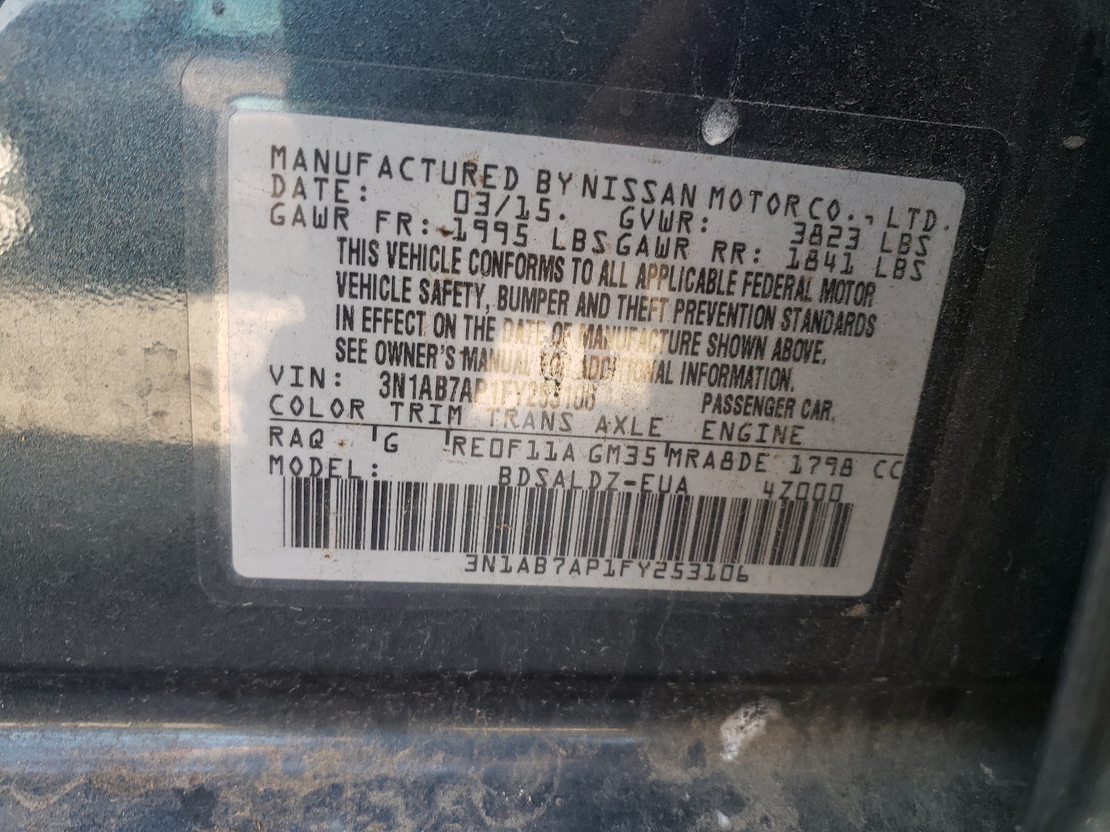 Photo 10 from auction – 2015 NISSAN SENTRA S with VIN 3N1AB7AP1FY253106