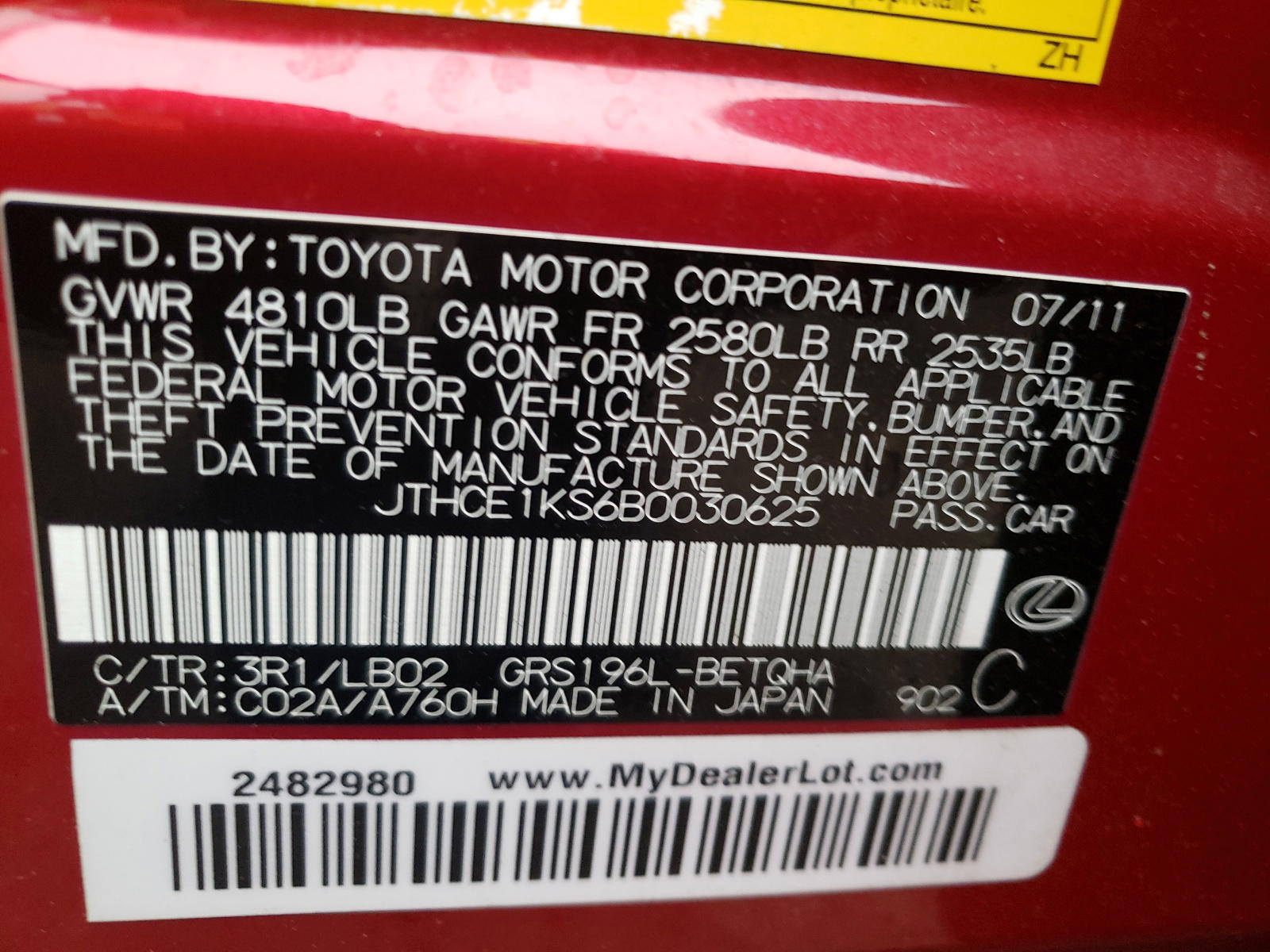 Photo 10 from auction – 2011 LEXUS GS 350 with VIN JTHCE1KS6B0030625