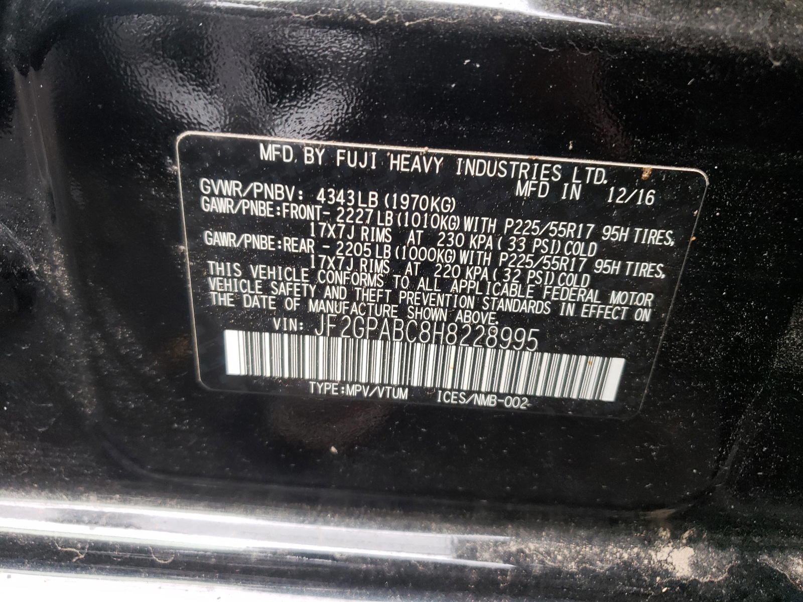 Photo 10 from auction – 2017 SUBARU CROSSTREK with VIN JF2GPABC8H8228995