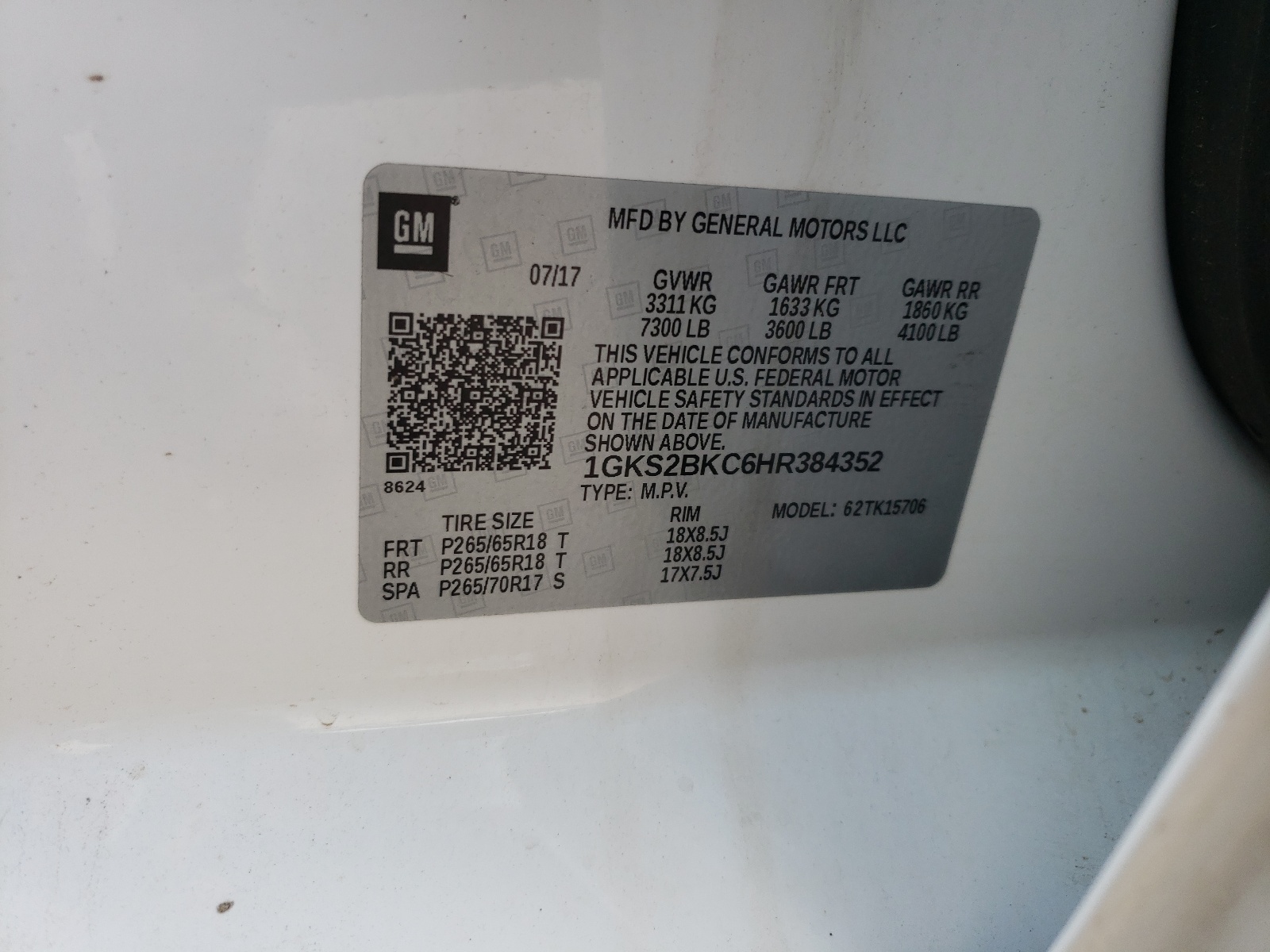 Photo 10 from auction – 2017 GMC YUKON SLT with VIN 1GKS2BKC6HR384352