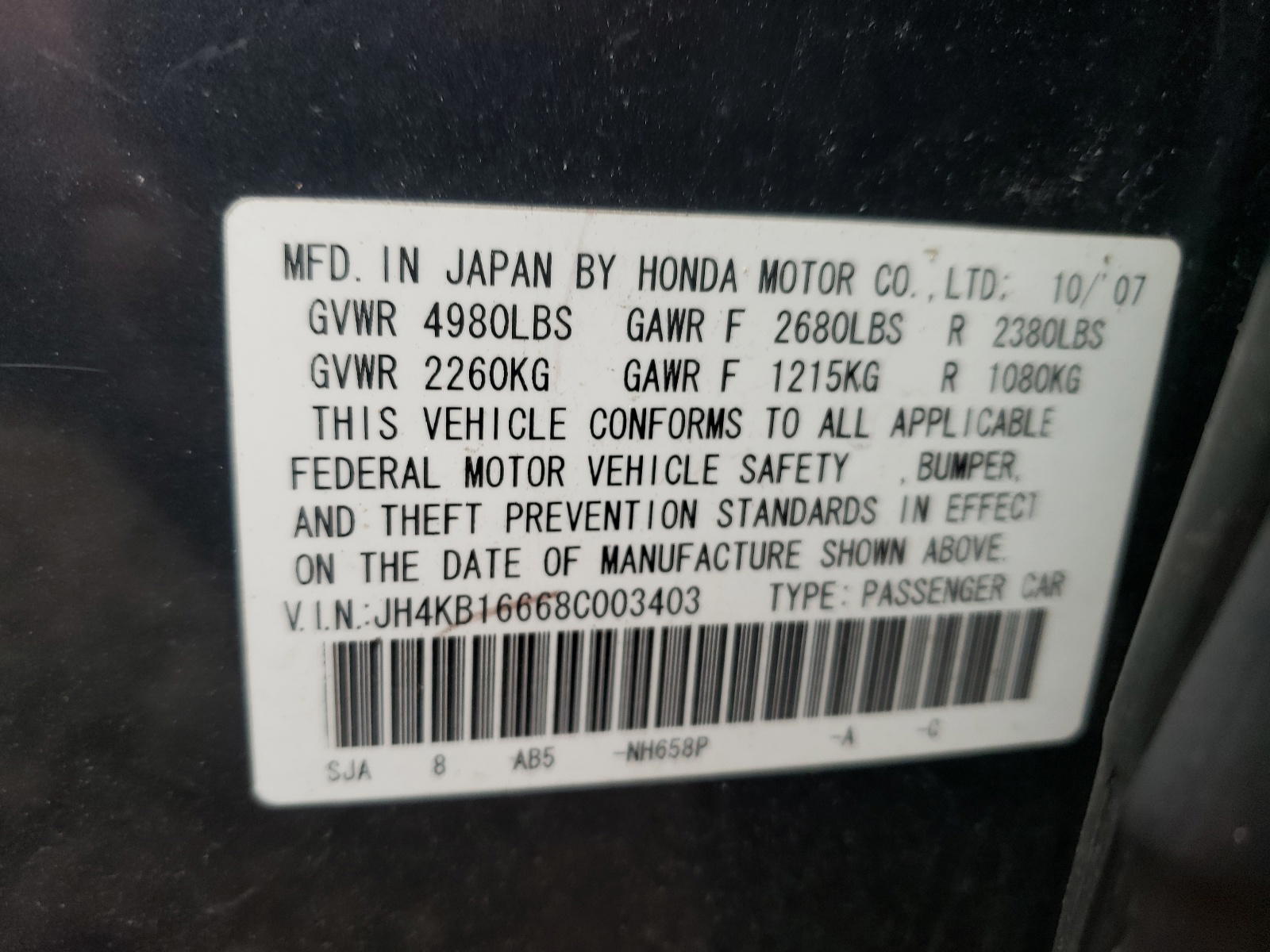 Photo 10 from auction – 2008 ACURA RL with VIN JH4KB16668C003403