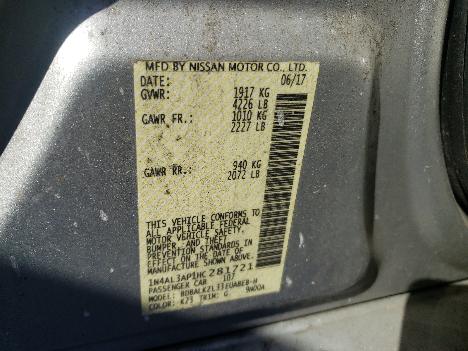 Photo 10 from auction – 2017 NISSAN ALTIMA 2.5 with VIN 1N4AL3AP1HC281721