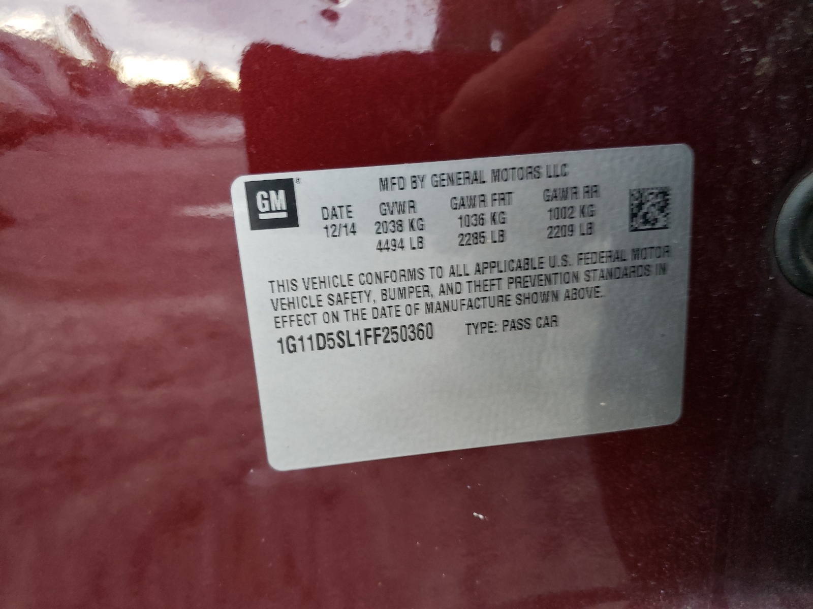 Photo 10 from auction – 2015 CHEVROLET MALIBU 2LT with VIN 1G11D5SL1FF250360