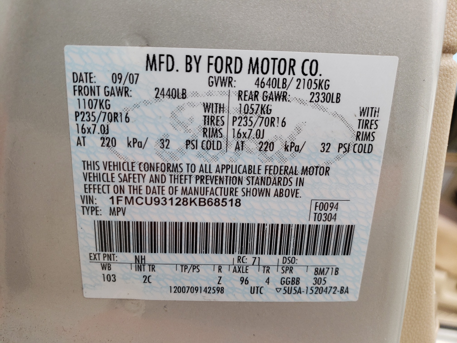 Photo 10 from auction – 2008 FORD ESCAPE XLT with VIN 1FMCU93128KB68518