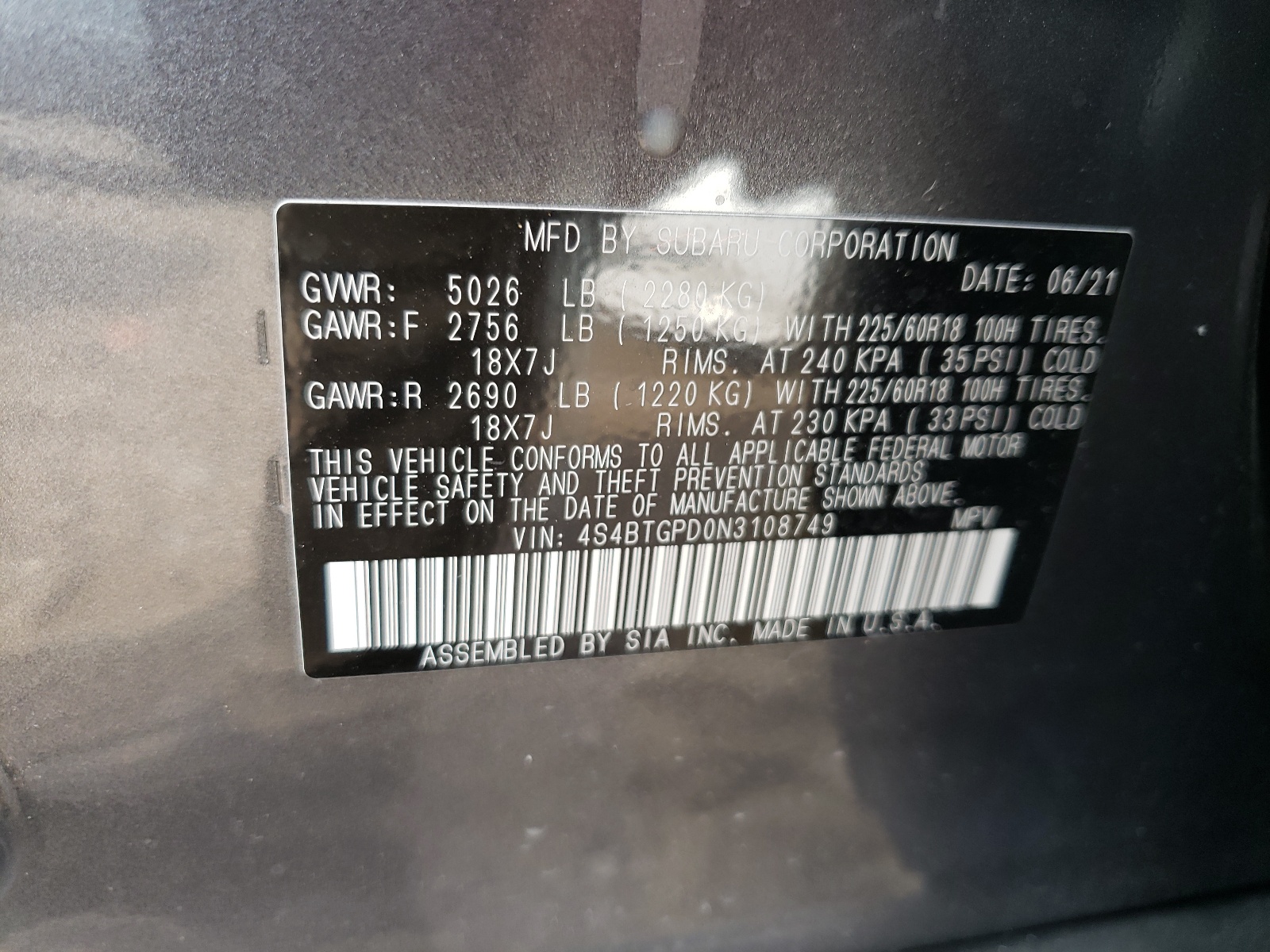 Photo 10 from auction – 2022 SUBARU OUTBACK TO with VIN 4S4BTGPD0N3108749