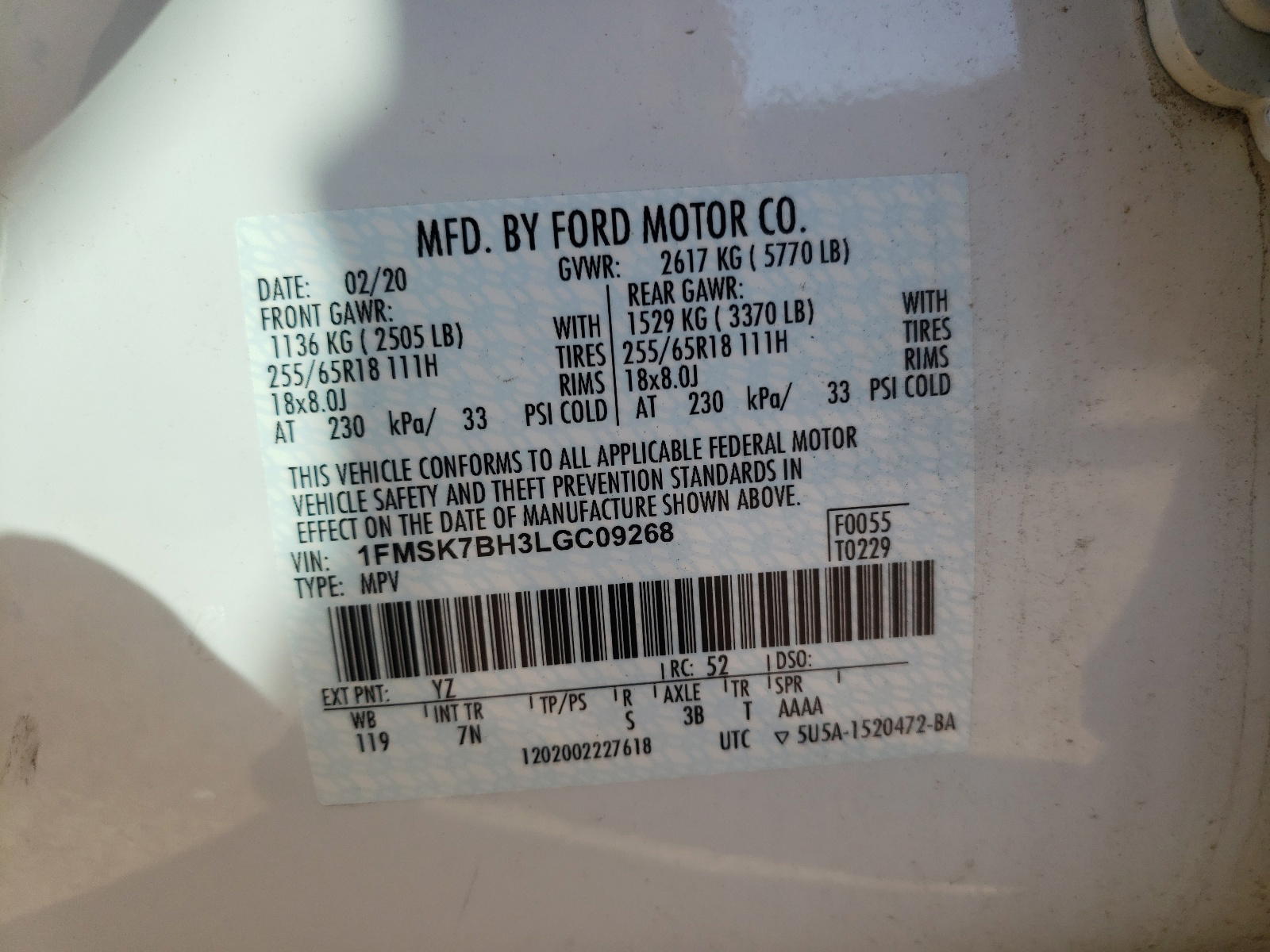 Photo 10 from auction – 2020 FORD EXPLORER with VIN 1FMSK7BH3LGC09268