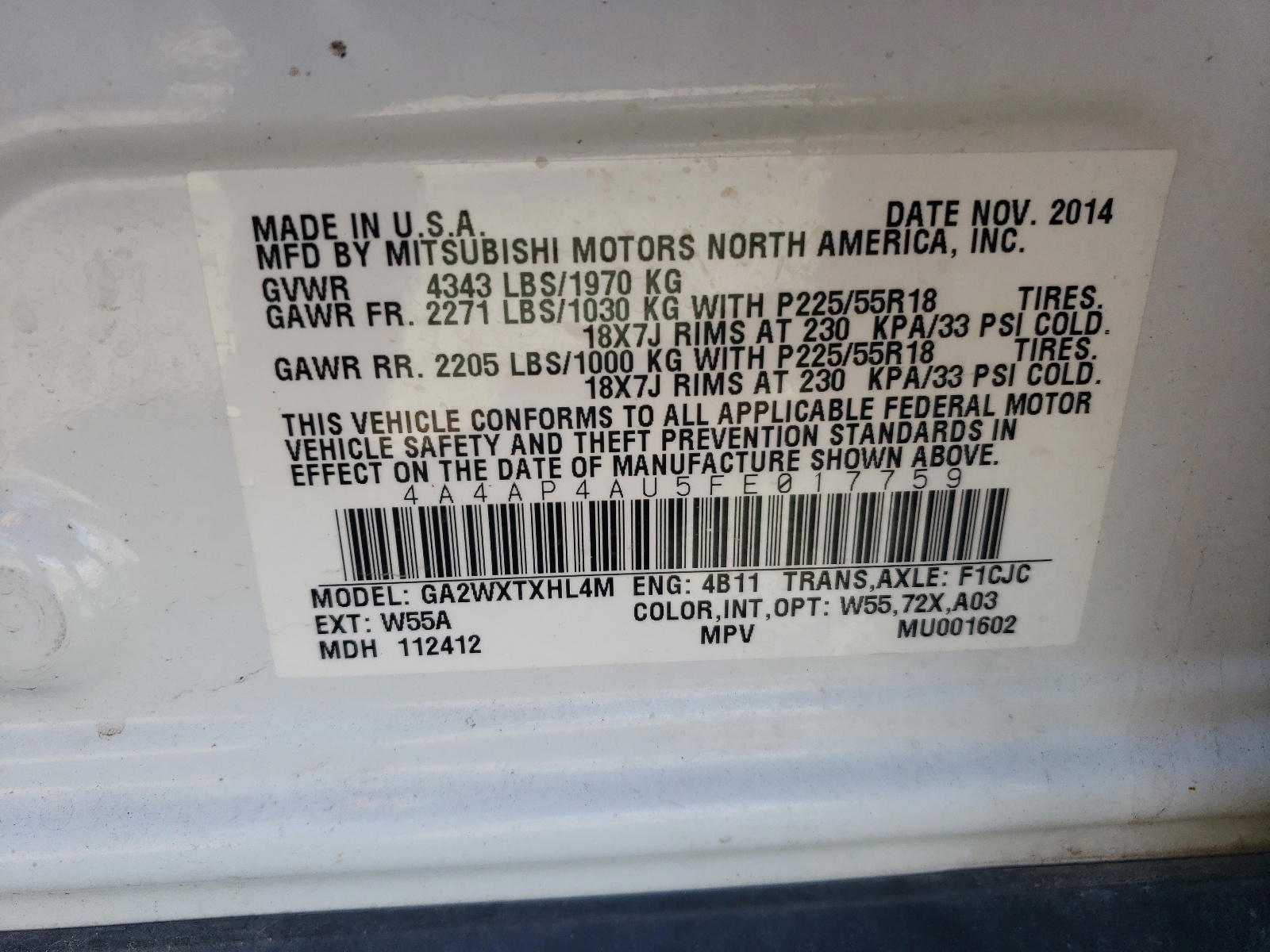 Photo 10 from auction – 2015 MITSUBISHI OUTLANDER with VIN 4A4AP4AU5FE017759