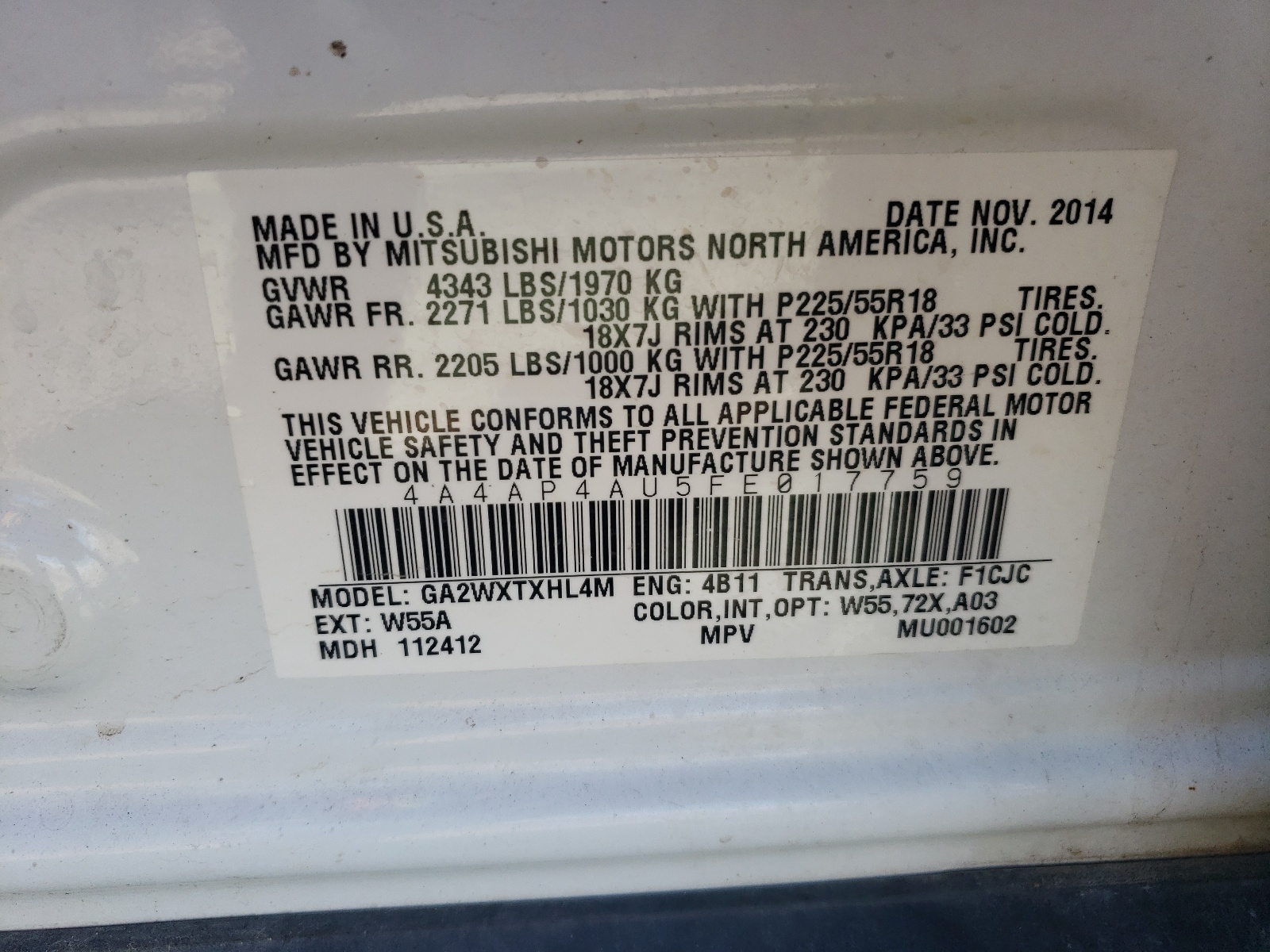 Фото 10 с аукциона – 2015 MITSUBISHI OUTLANDER с VIN 4A4AP4AU5FE017759