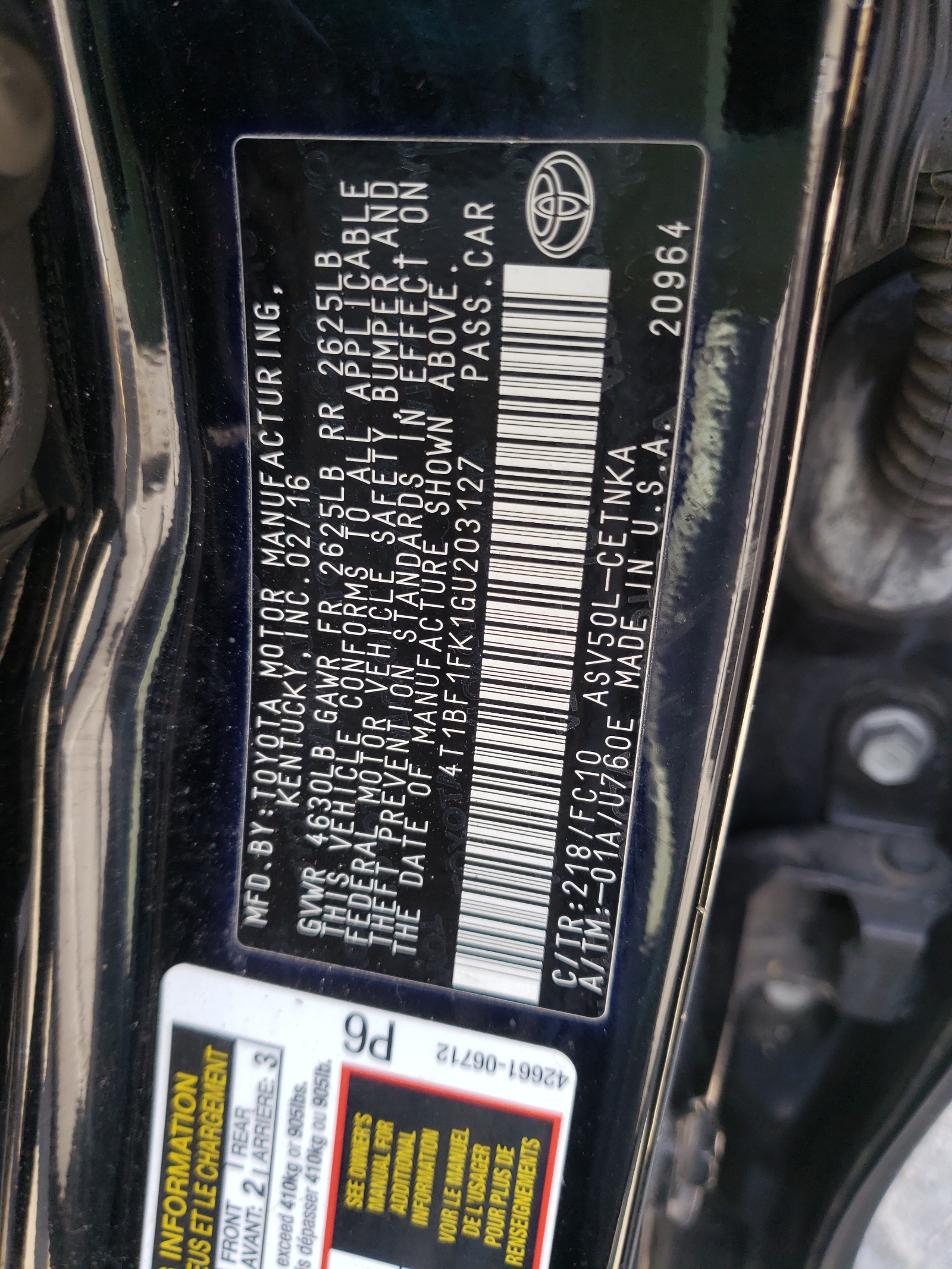 Photo 10 from auction – 2016 TOYOTA CAMRY LE with VIN 4T1BF1FK1GU203127