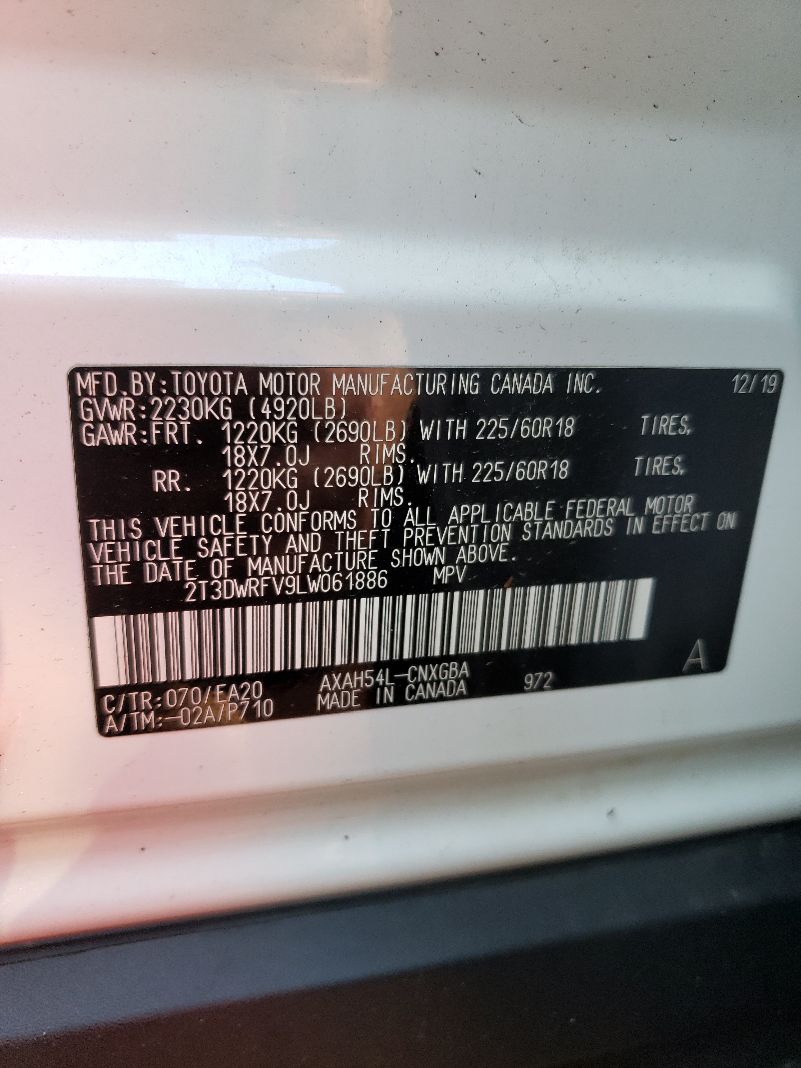 Photo 10 from auction – 2020 TOYOTA RAV4 LIMIT with VIN 2T3DWRFV9LW061886