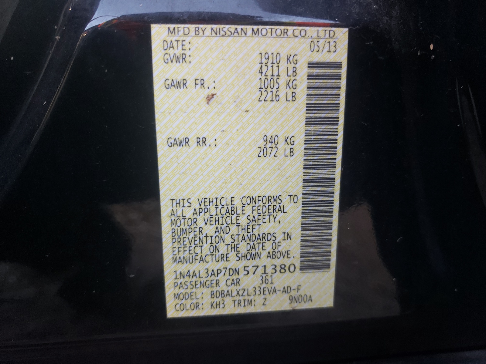 Photo 10 from auction – 2013 NISSAN ALTIMA 2.5 with VIN 1N4AL3AP7DN571380