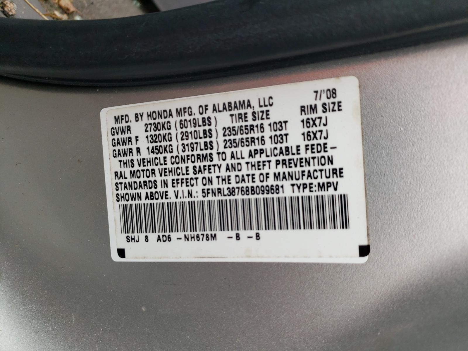 Photo 10 from auction – 2008 HONDA ODYSSEY EX with VIN 5FNRL38768B099681
