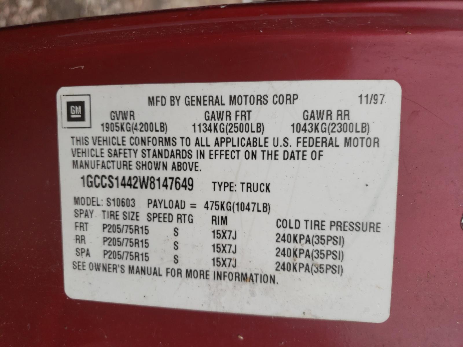 Photo 10 from auction – 1998 CHEVROLET S10 with VIN 1GCCS1442W8147649