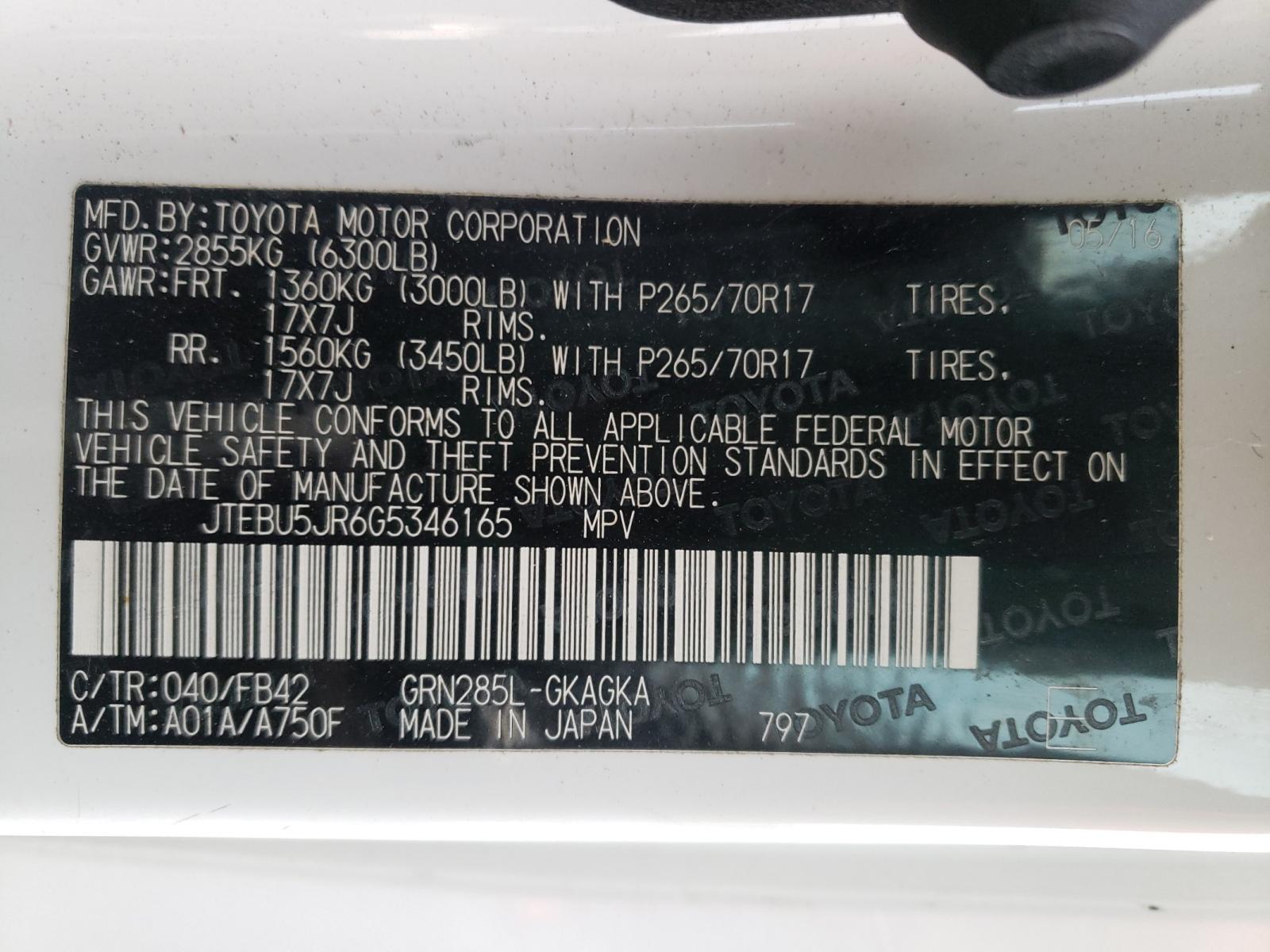 Photo 10 from auction – 2016 TOYOTA 4RUNNER SR with VIN JTEBU5JR6G5346165