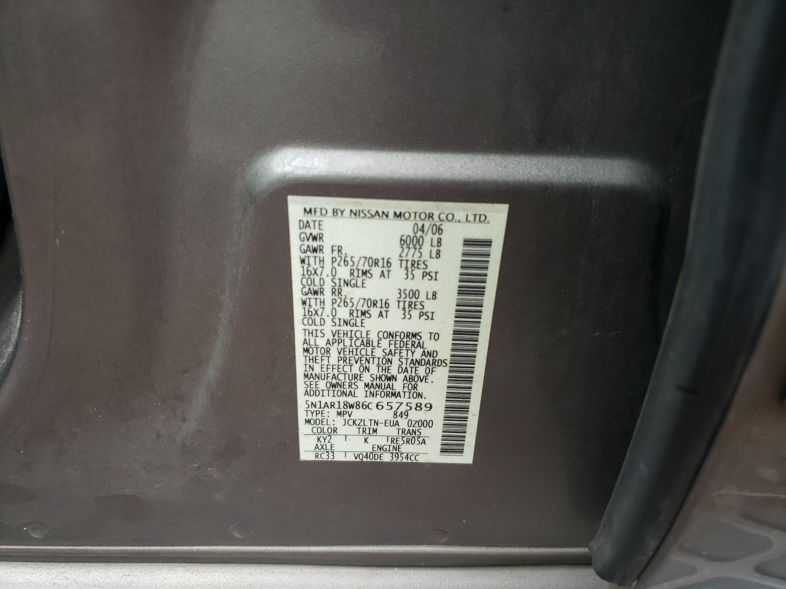 Photo 10 from auction – 2006 NISSAN PATHFINDER with VIN 5N1AR18W86C657589