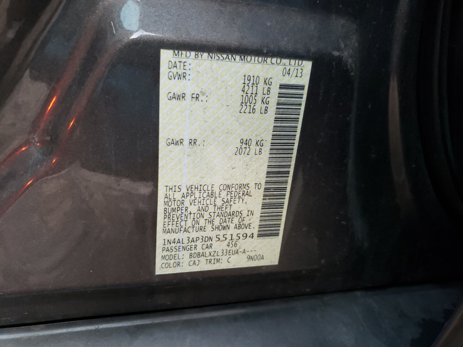 Photo 10 from auction – 2013 NISSAN ALTIMA 2.5 with VIN 1N4AL3AP3DN551594