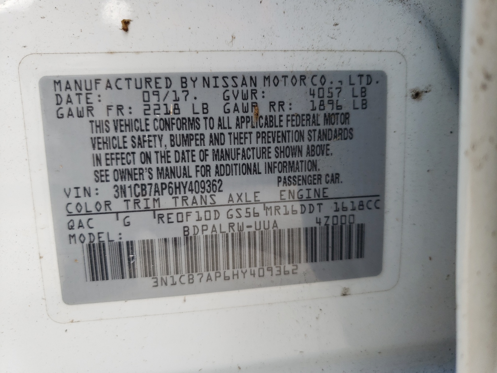 Photo 10 from auction – 2017 NISSAN SENTRA SR with VIN 3N1CB7AP6HY409362