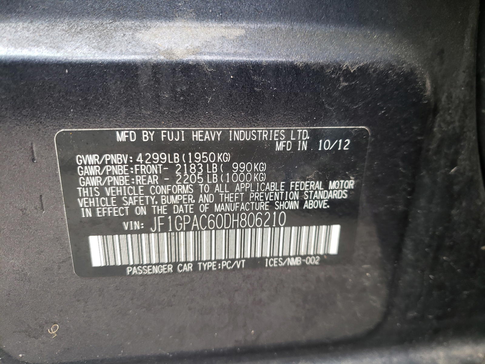 Photo 10 from auction – 2013 SUBARU IMPREZA PR with VIN JF1GPAC60DH806210