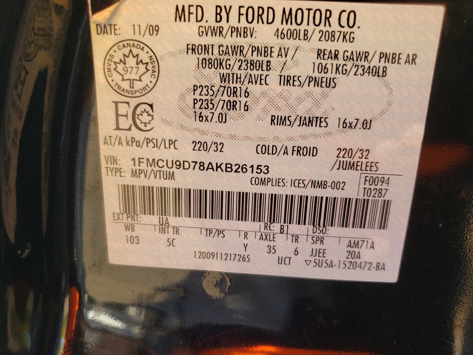 Photo 10 from auction – 2010 FORD ESCAPE XLT with VIN 1FMCU9D78AKB26153