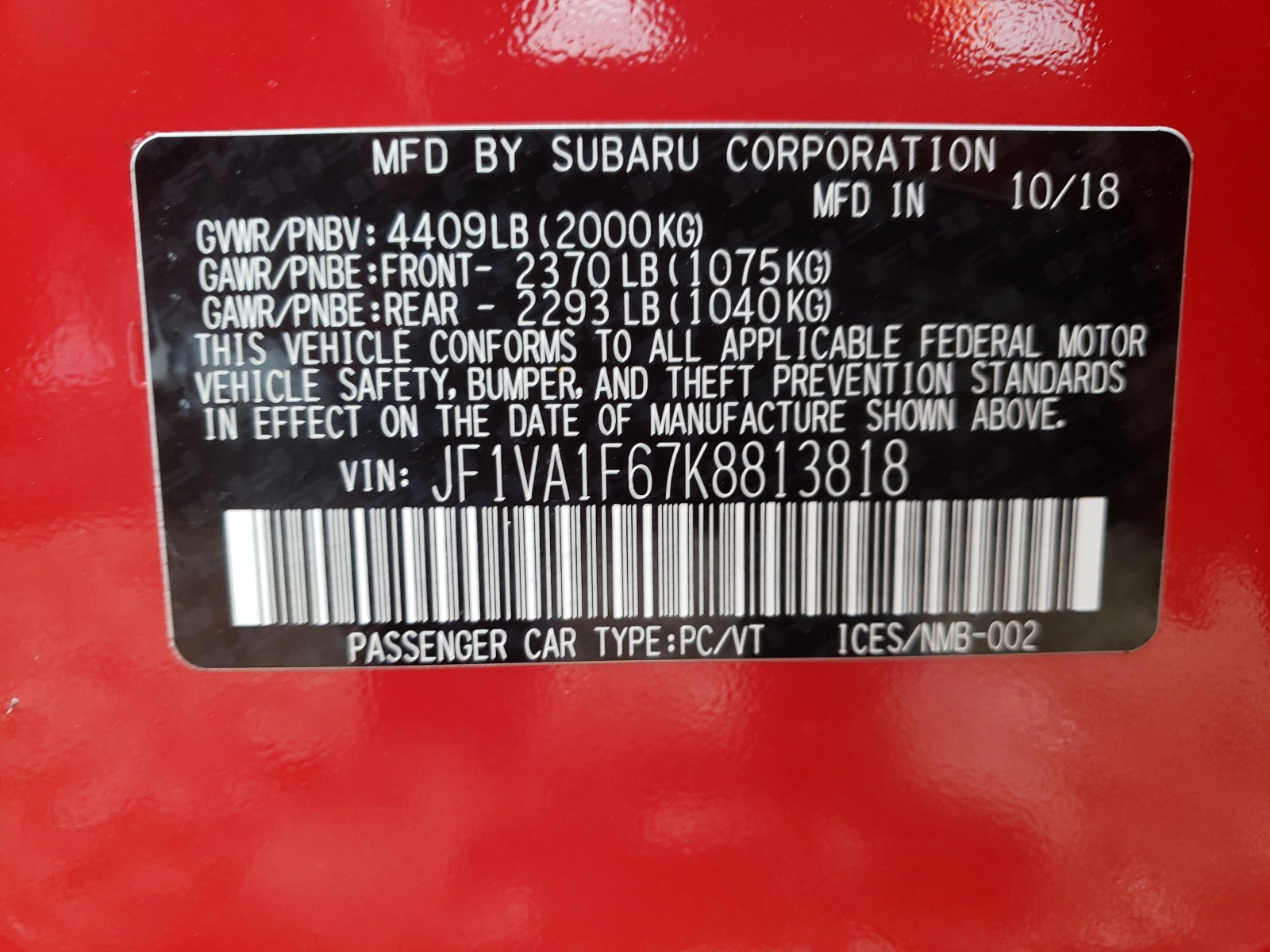 Photo 10 from auction – 2019 SUBARU WRX PREMIU with VIN JF1VA1F67K8813818