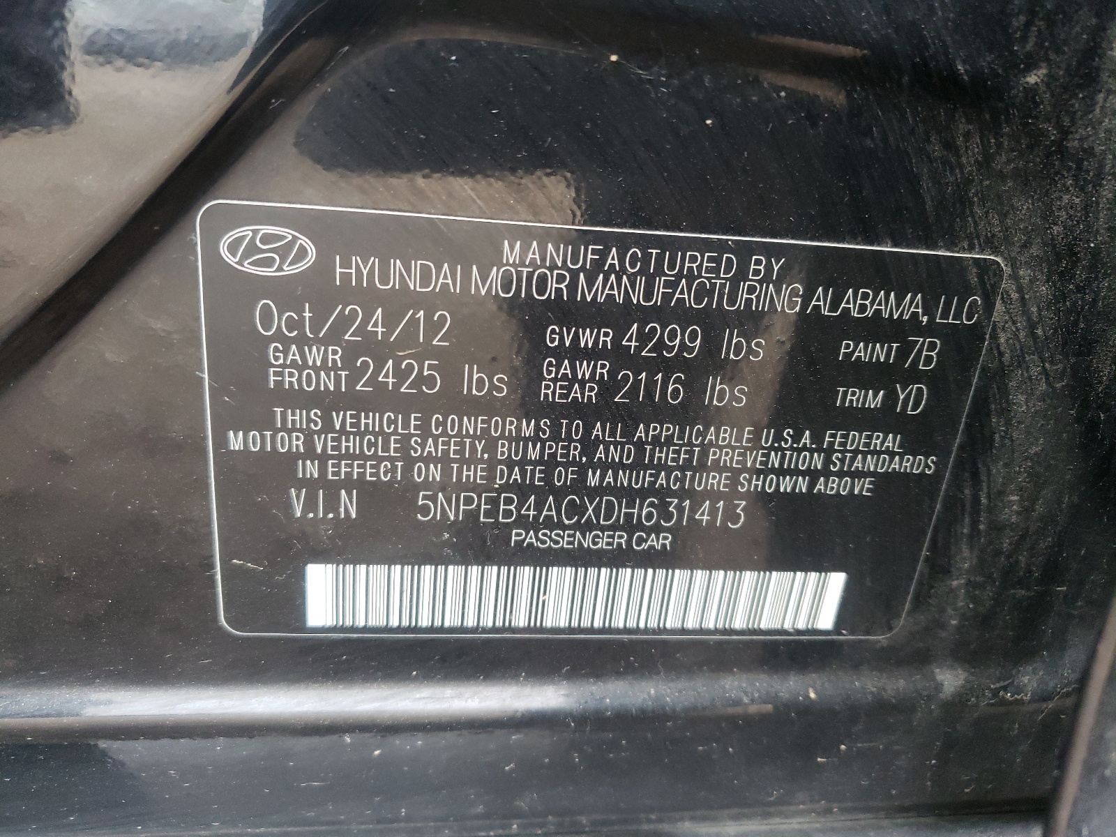 Photo 10 from auction – 2013 HYUNDAI SONATA GLS with VIN 5NPEB4ACXDH631413