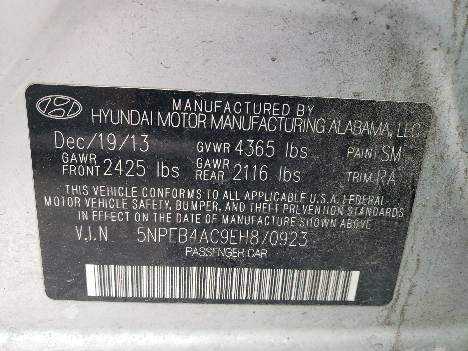 Photo 10 from auction – 2014 HYUNDAI SONATA GLS with VIN 5NPEB4AC9EH870923