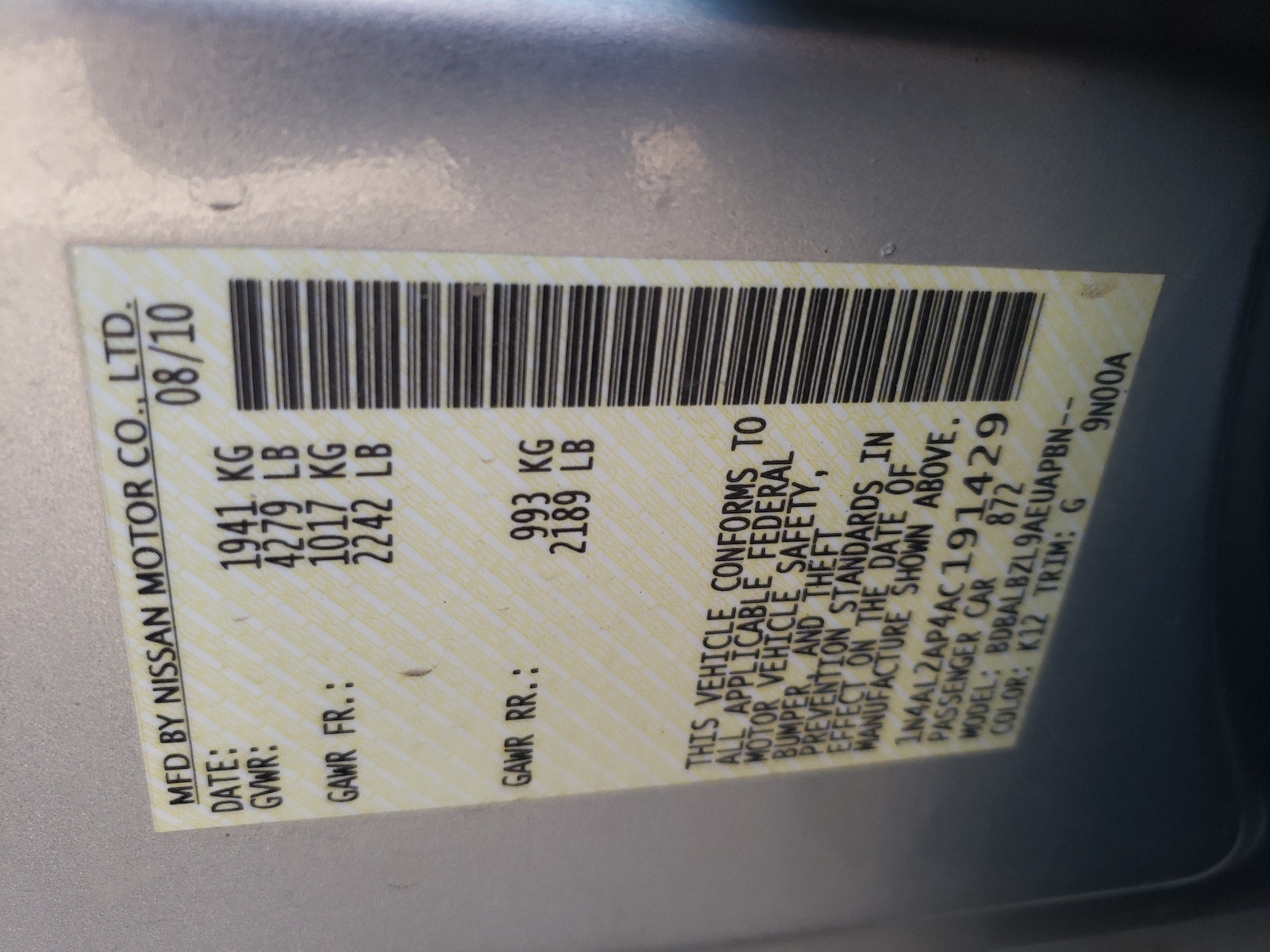 Photo 10 from auction – 2010 NISSAN ALTIMA BAS with VIN 1N4AL2AP4AC191429