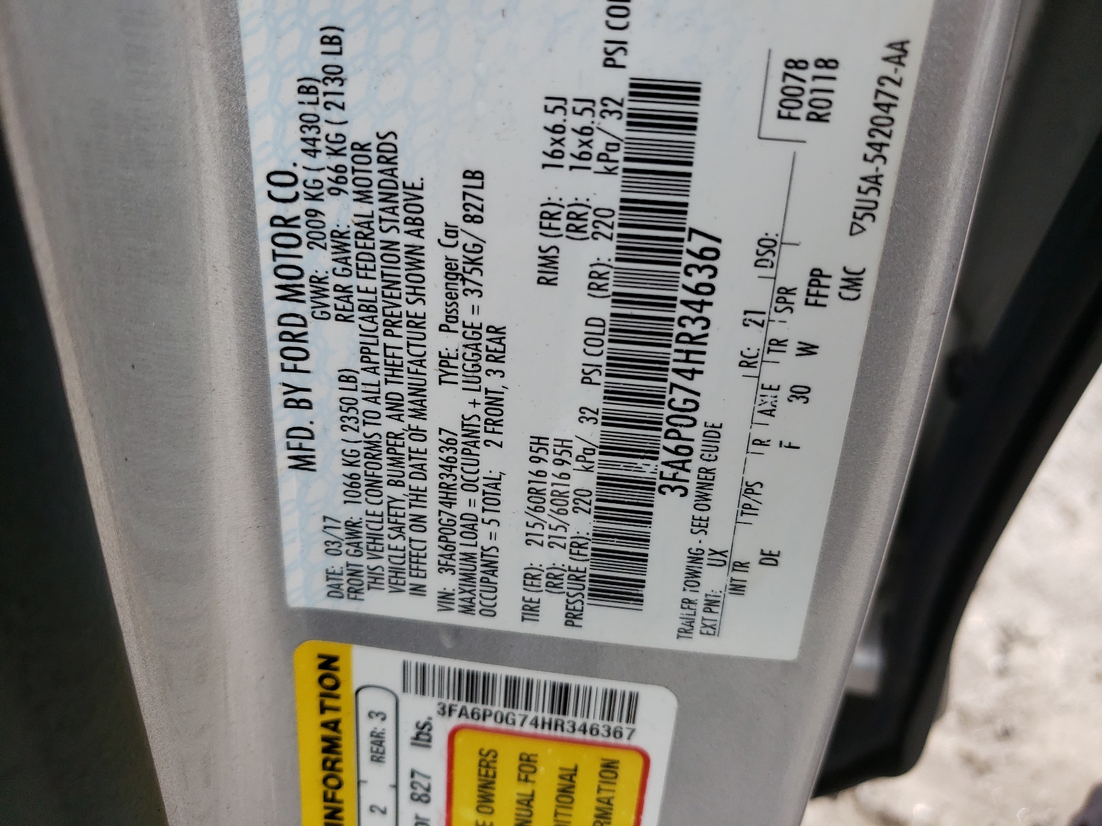 Photo 10 from auction – 2017 FORD FUSION S with VIN 3FA6P0G74HR346367