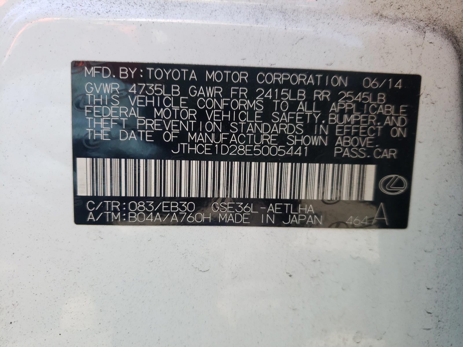 Photo 10 from auction – 2014 LEXUS IS 350 with VIN JTHCE1D28E5005441