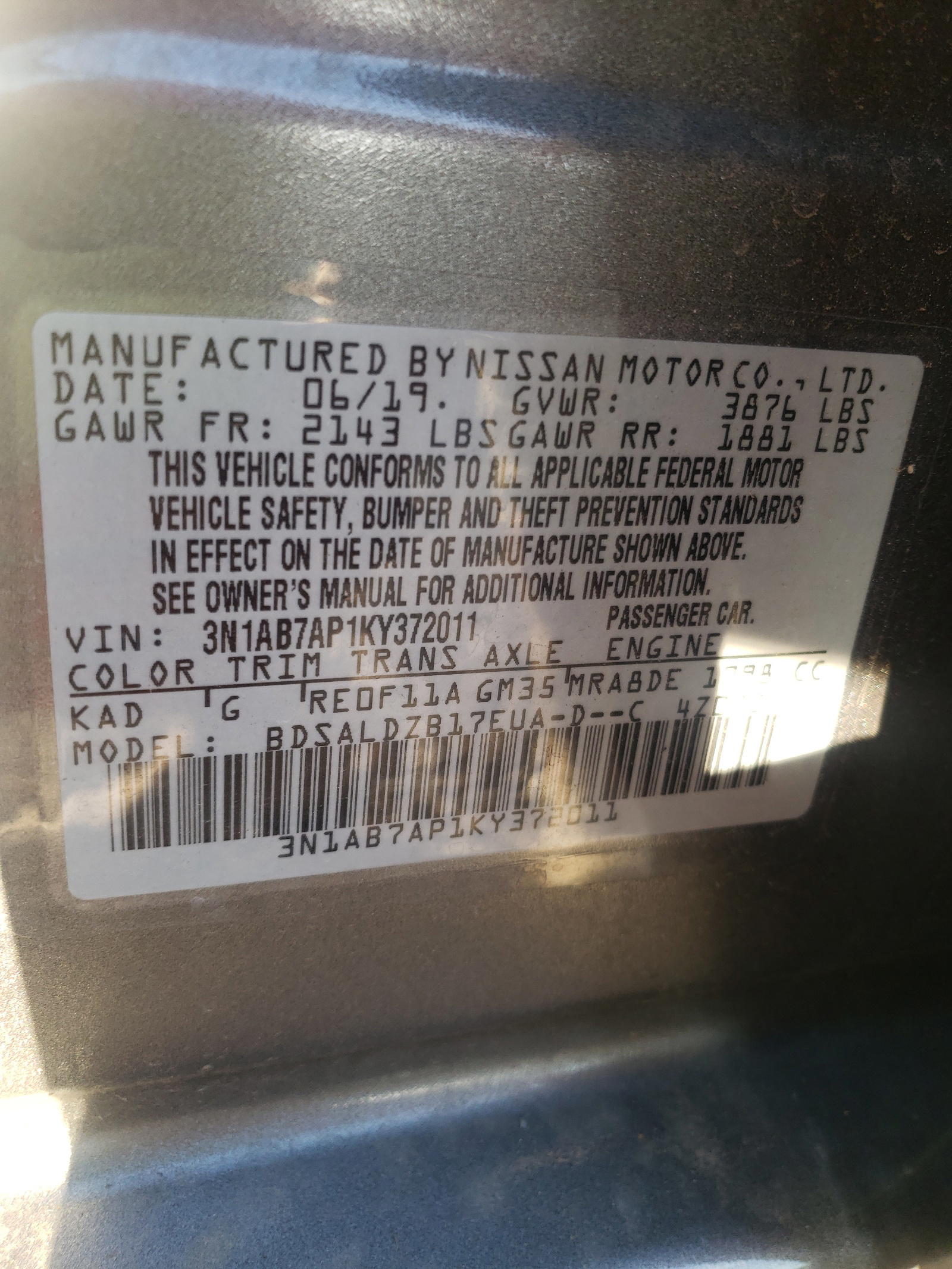 Photo 10 from auction – 2019 NISSAN SENTRA S with VIN 3N1AB7AP1KY372011