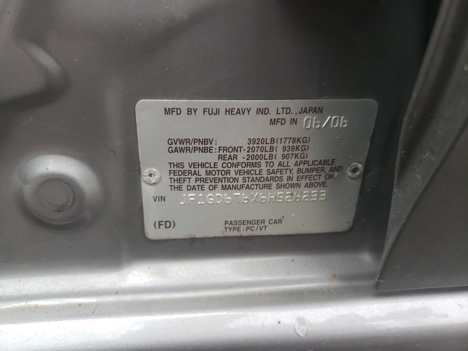 Photo 10 from auction – 2006 SUBARU IMPREZA 2. with VIN JF1GD676X6H526233