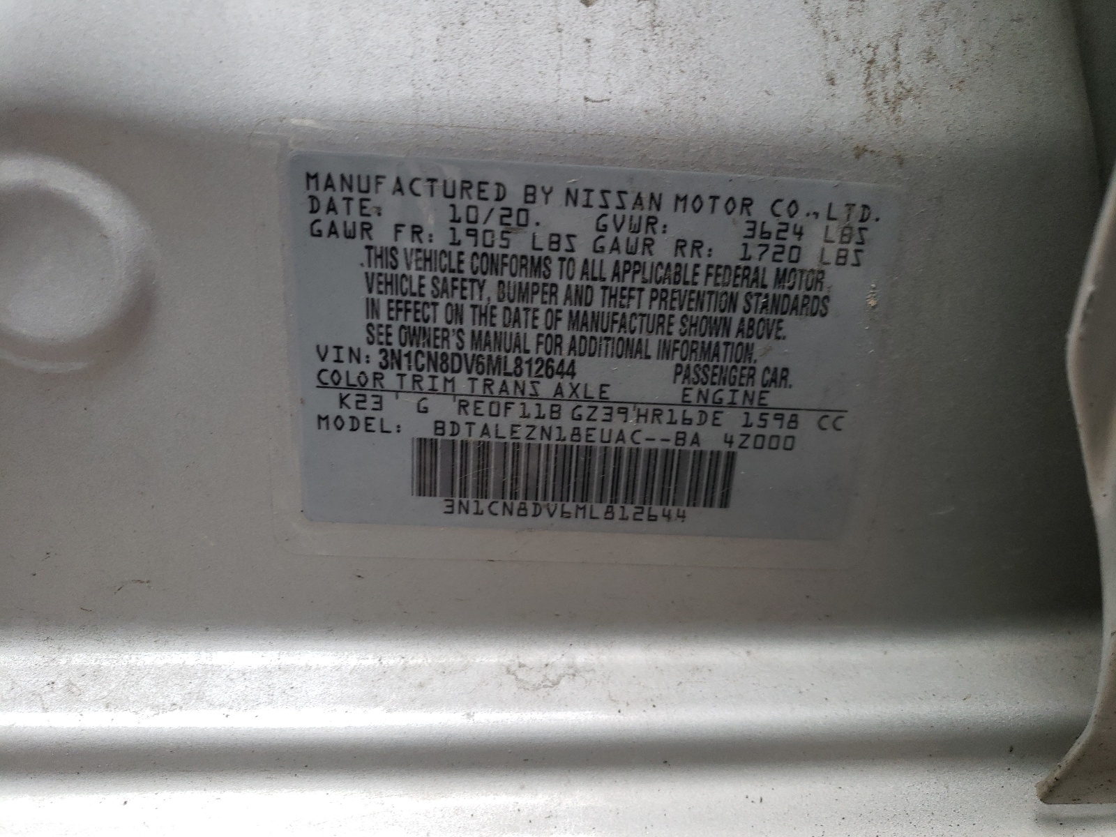 Photo 10 from auction – 2021 NISSAN VERSA S with VIN 3N1CN8DV6ML812644