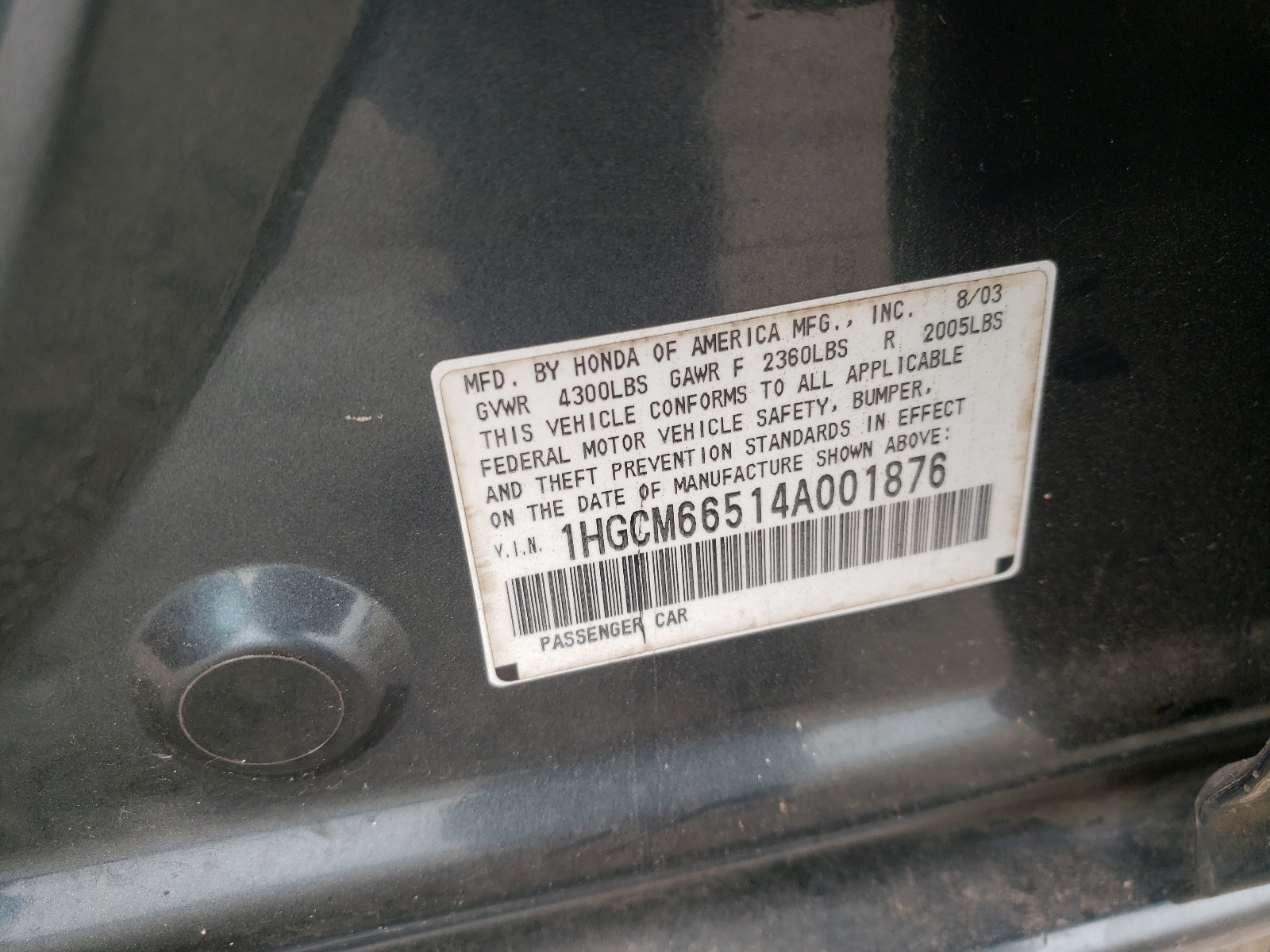 Photo 10 from auction – 2004 HONDA ACCORD with VIN 1HGCM66514A001876